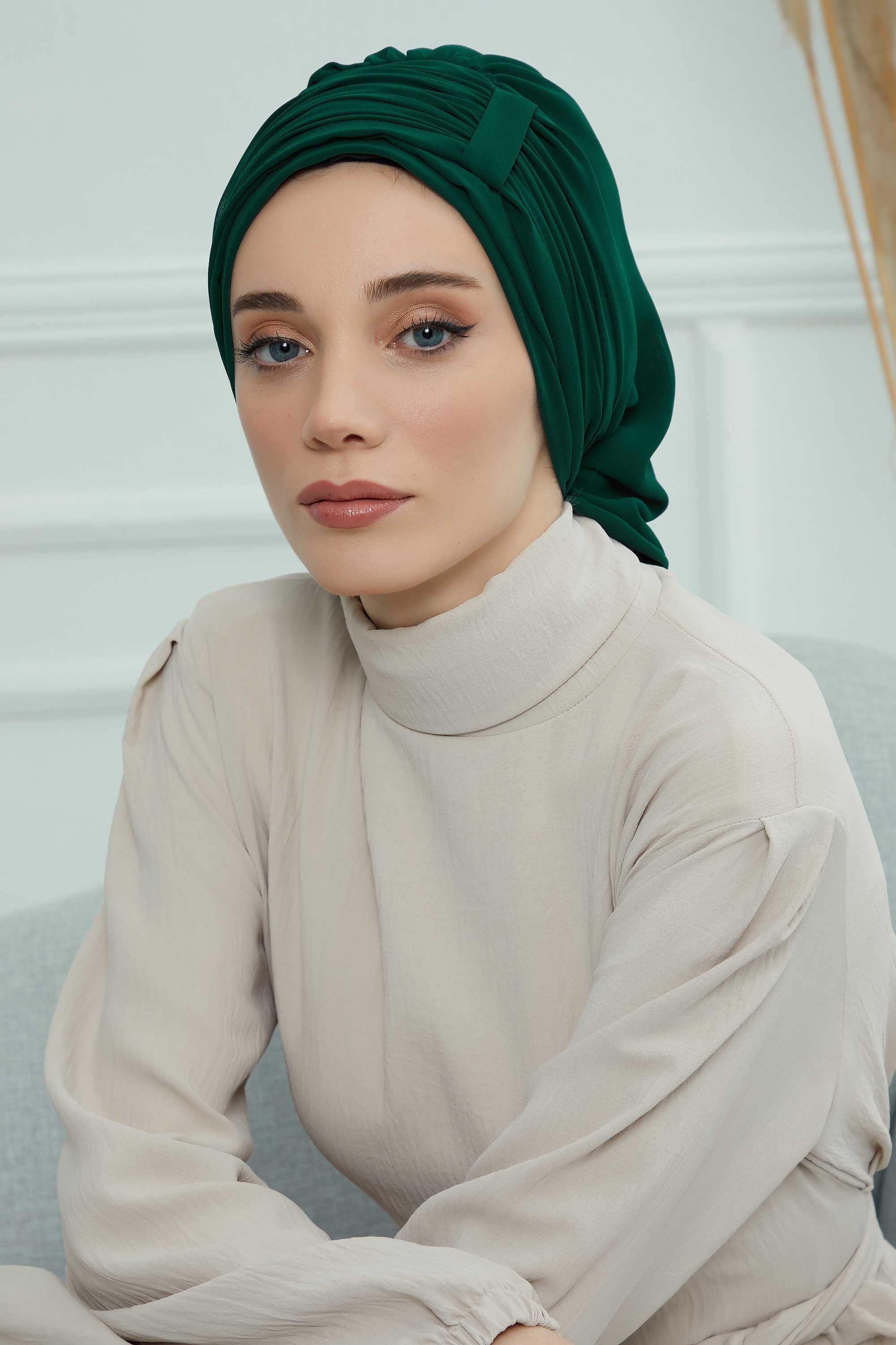 Pleated Chiffon Instant Turban for Women, Pre-Tied Elegant Hijab Cap, Lightweight Modest Headwrap for Daily & Formal Wear,HT-107 Dark Green