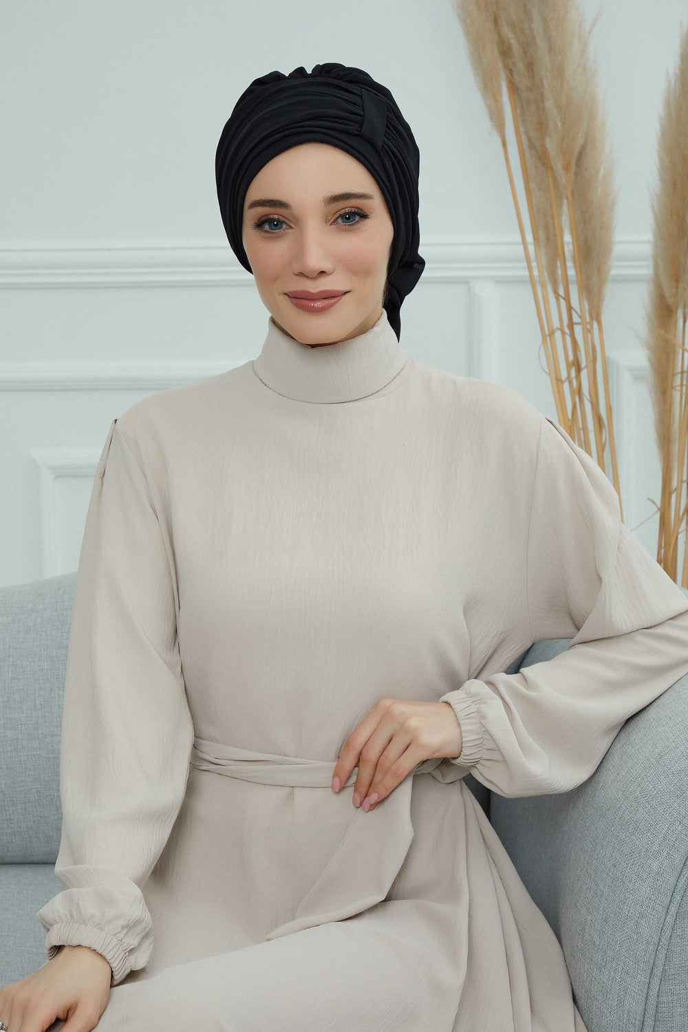 Pleated Chiffon Instant Turban for Women, Pre-Tied Elegant Hijab Cap, Lightweight Modest Headwrap for Daily & Formal Wear,HT-107 Black