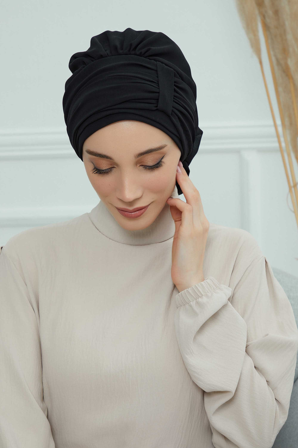 Pleated Chiffon Instant Turban for Women, Pre-Tied Elegant Hijab Cap, Lightweight Modest Headwrap for Daily & Formal Wear,HT-107 Black