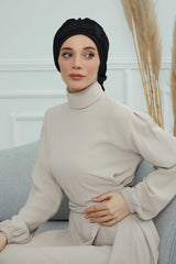 Pleated Chiffon Instant Turban for Women, Pre-Tied Elegant Hijab Cap, Lightweight Modest Headwrap for Daily & Formal Wear,HT-107 Black