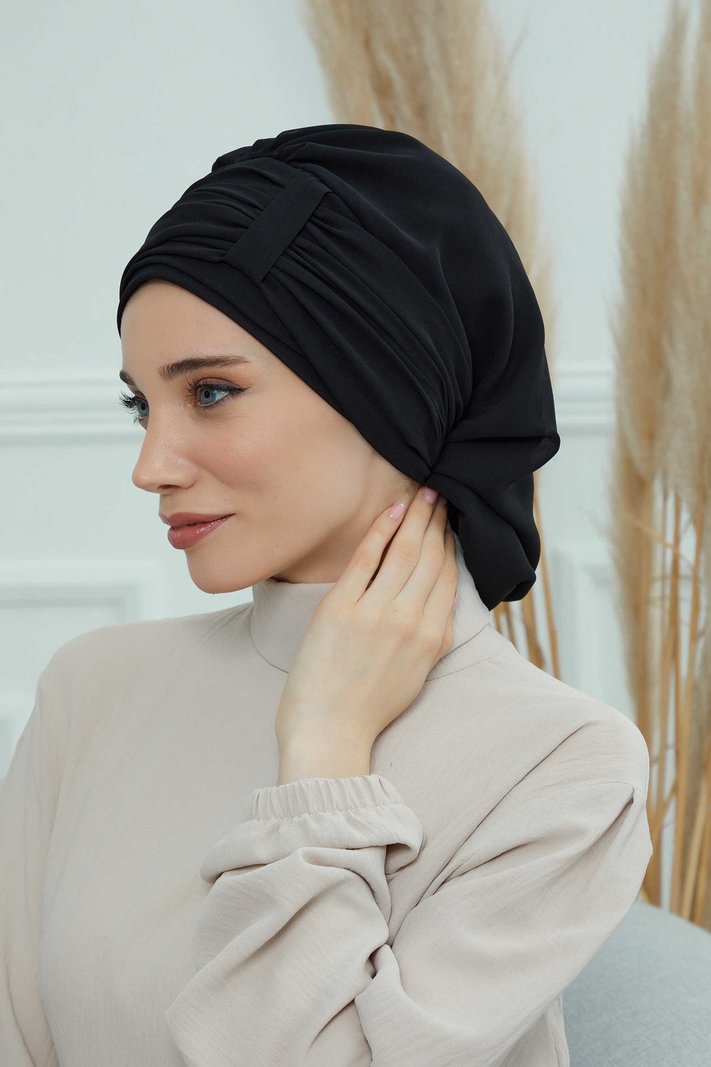 Pleated Chiffon Instant Turban for Women, Pre-Tied Elegant Hijab Cap, Lightweight Modest Headwrap for Daily & Formal Wear,HT-107 Black