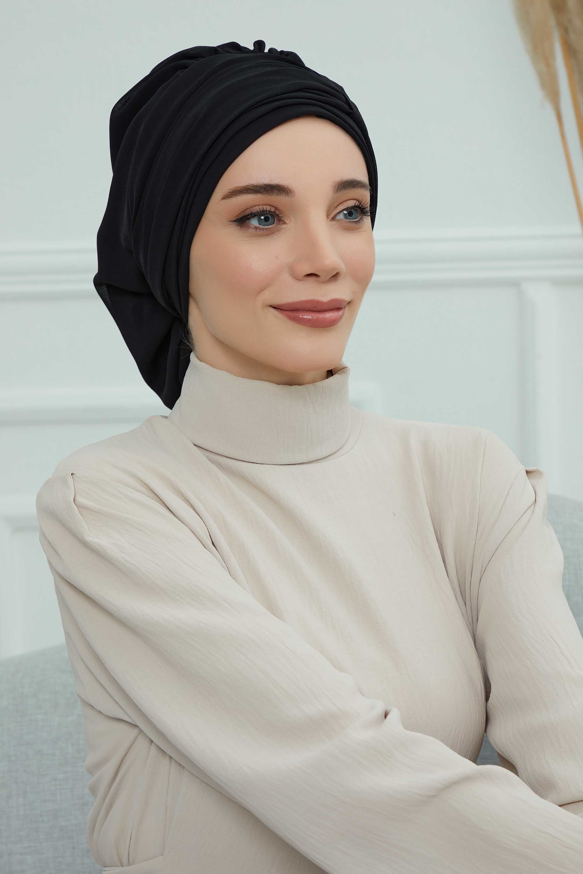 Pleated Chiffon Instant Turban for Women, Pre-Tied Elegant Hijab Cap, Lightweight Modest Headwrap for Daily & Formal Wear,HT-107 Black