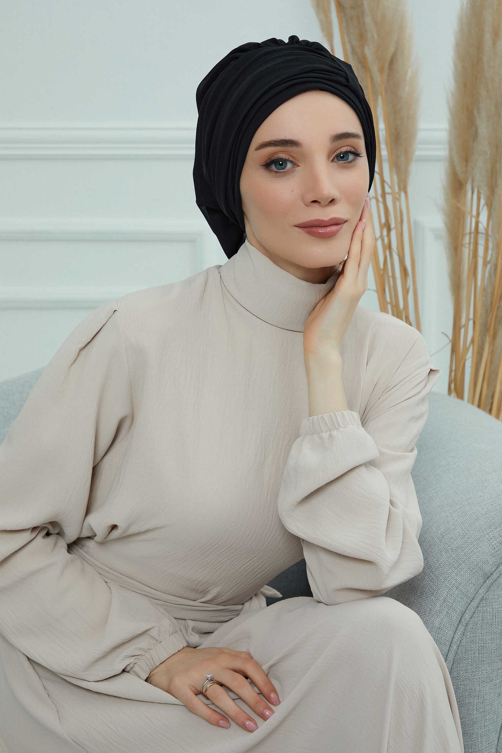 Pleated Chiffon Instant Turban for Women, Pre-Tied Elegant Hijab Cap, Lightweight Modest Headwrap for Daily & Formal Wear,HT-107 Black