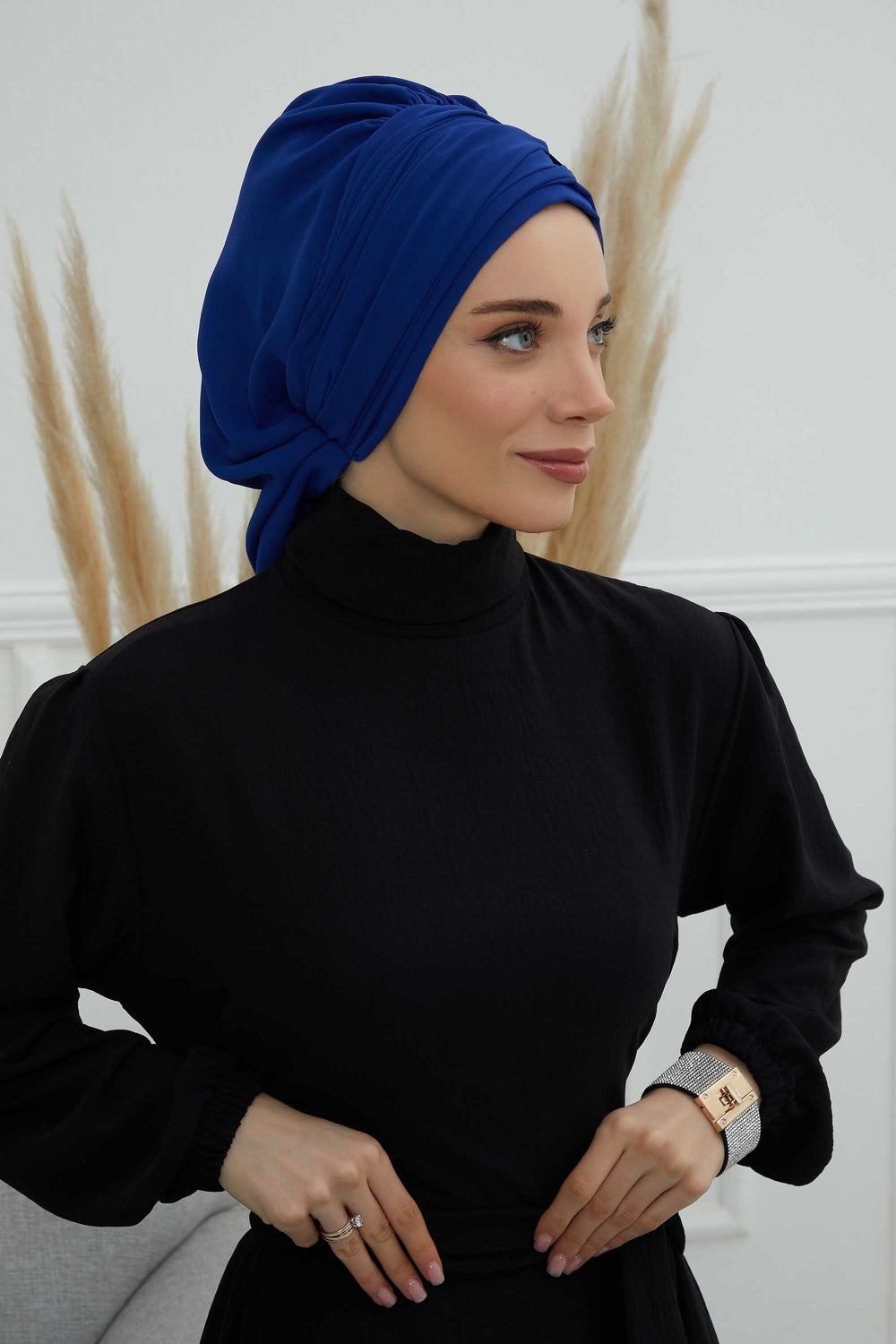 Pleated Chiffon Instant Turban for Women, Pre-Tied Elegant Hijab Cap, Lightweight Modest Headwrap for Daily & Formal Wear,HT-107 Sax Blue