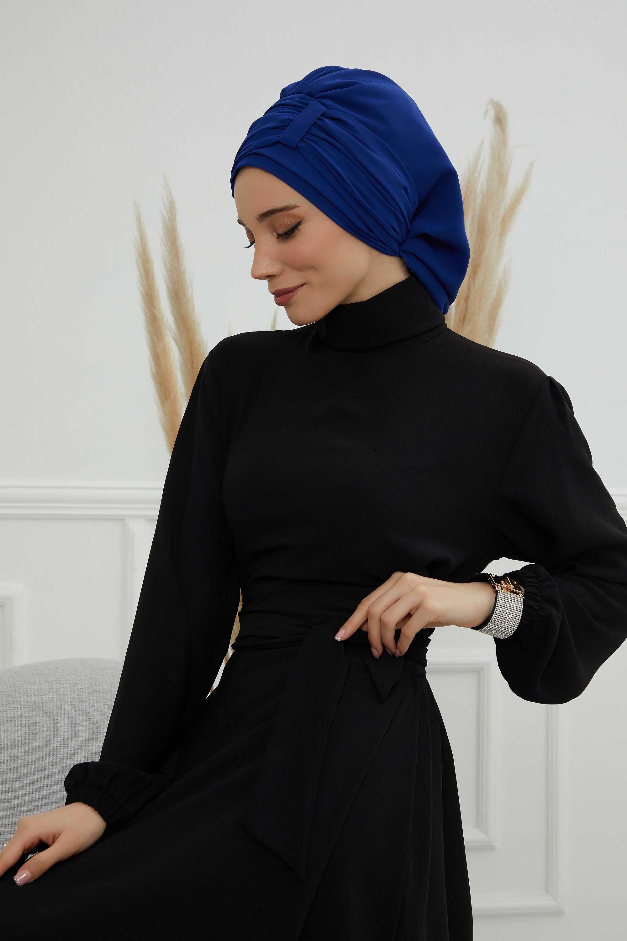 Pleated Chiffon Instant Turban for Women, Pre-Tied Elegant Hijab Cap, Lightweight Modest Headwrap for Daily & Formal Wear,HT-107 Sax Blue