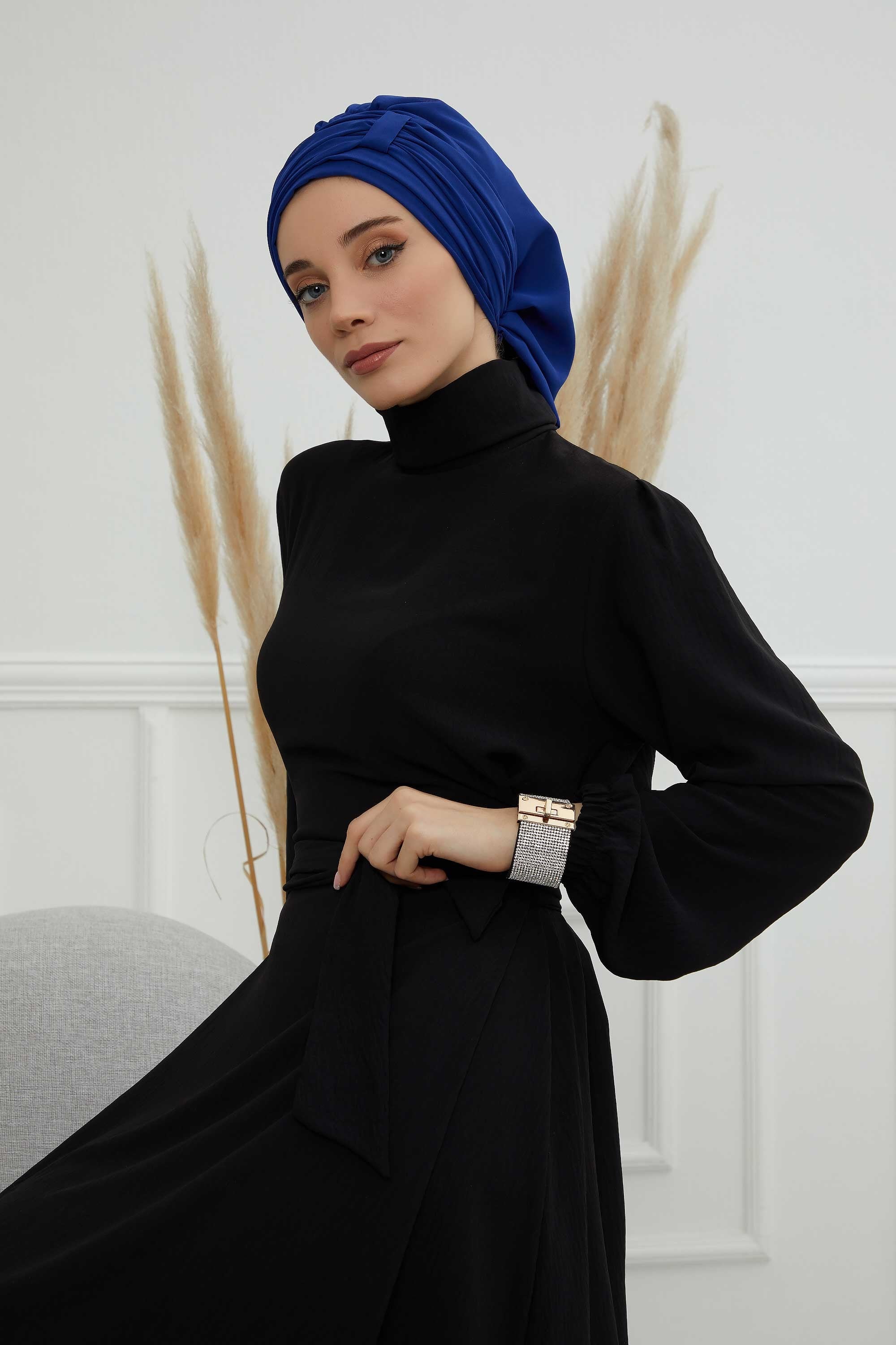 Pleated Chiffon Instant Turban for Women, Pre-Tied Elegant Hijab Cap, Lightweight Modest Headwrap for Daily & Formal Wear,HT-107 Sax Blue