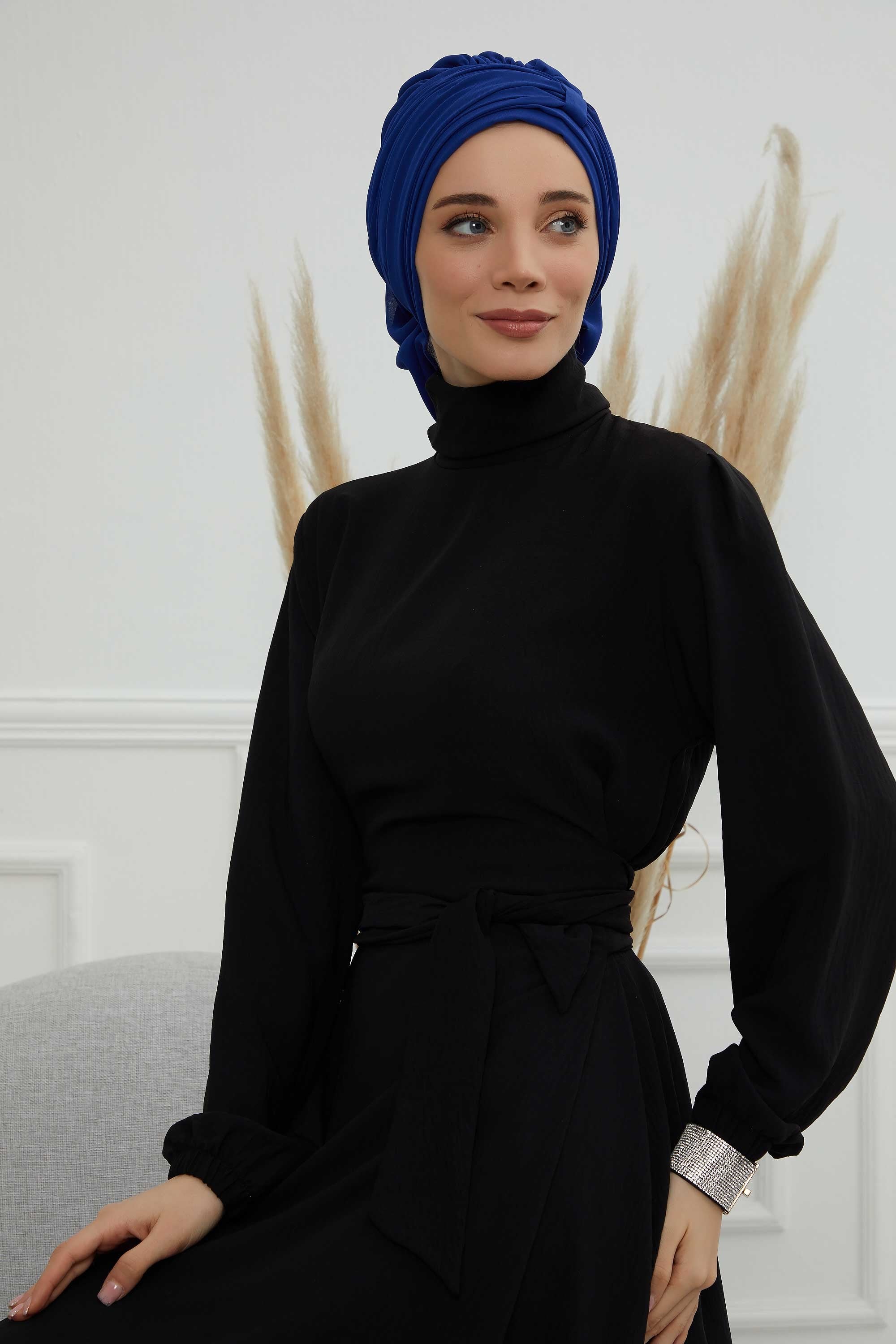 Pleated Chiffon Instant Turban for Women, Pre-Tied Elegant Hijab Cap, Lightweight Modest Headwrap for Daily & Formal Wear,HT-107 Sax Blue