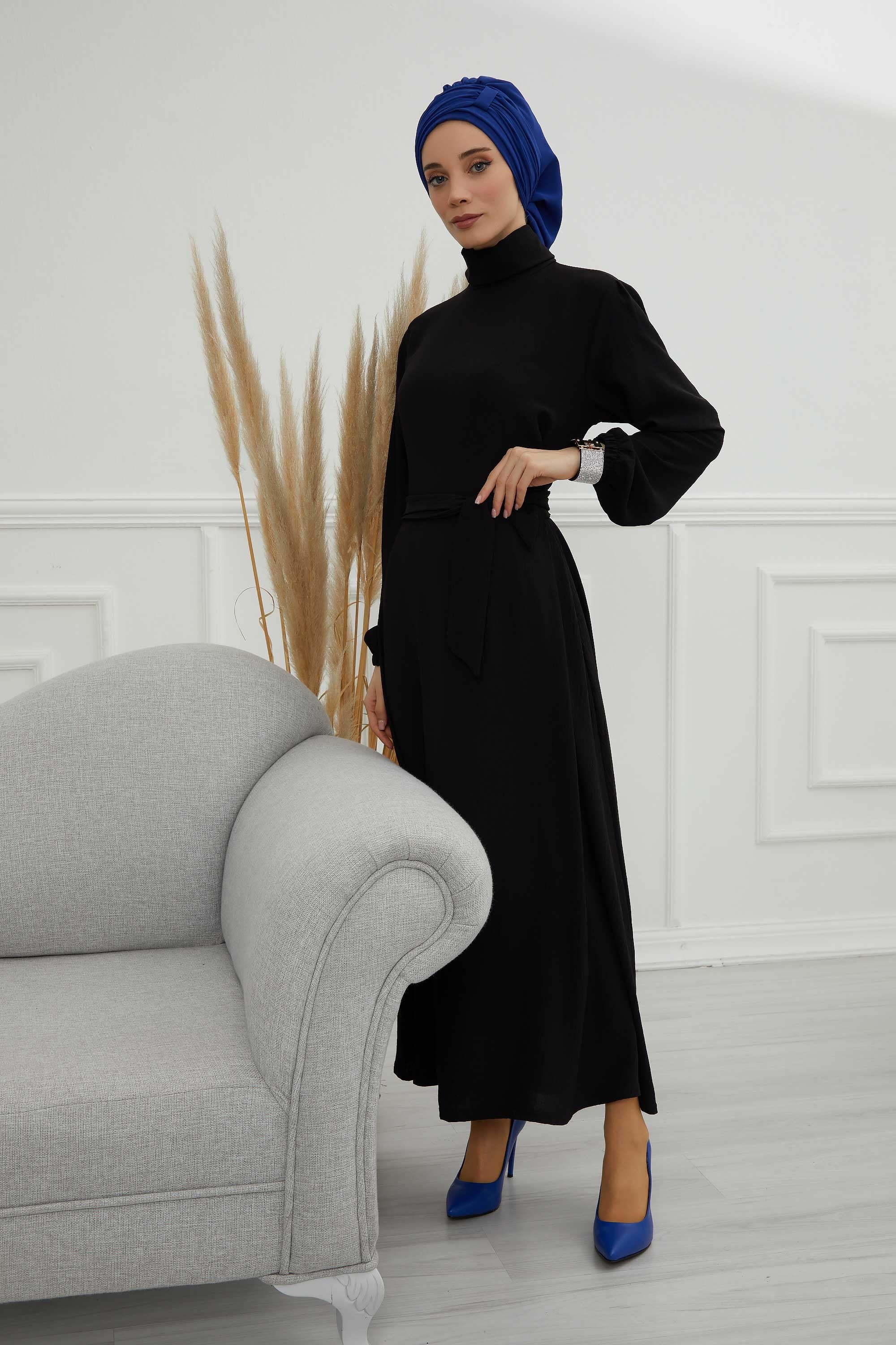 Pleated Chiffon Instant Turban for Women, Pre-Tied Elegant Hijab Cap, Lightweight Modest Headwrap for Daily & Formal Wear,HT-107 Sax Blue