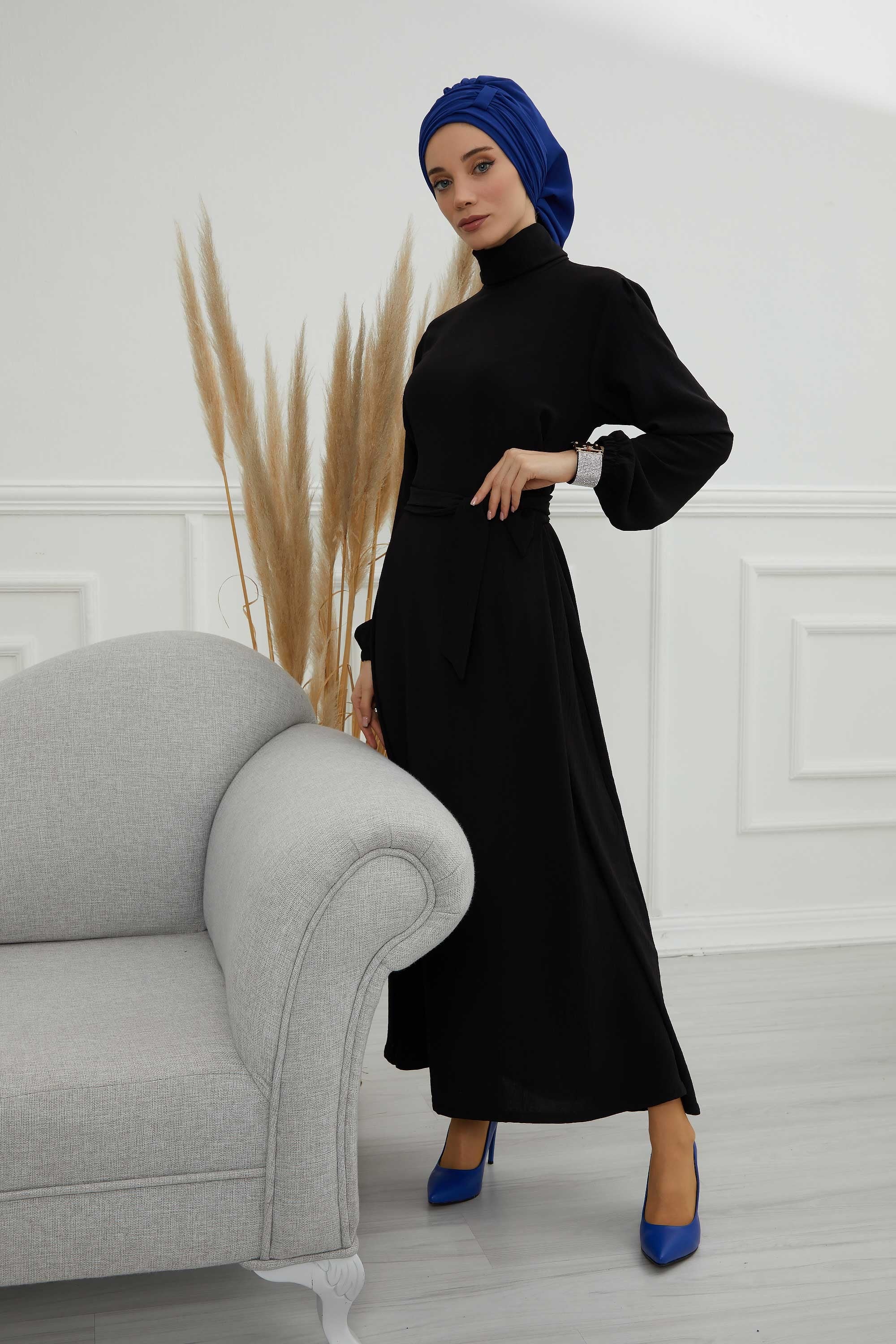 Pleated Chiffon Instant Turban for Women, Pre-Tied Elegant Hijab Cap, Lightweight Modest Headwrap for Daily & Formal Wear,HT-107 Sax Blue