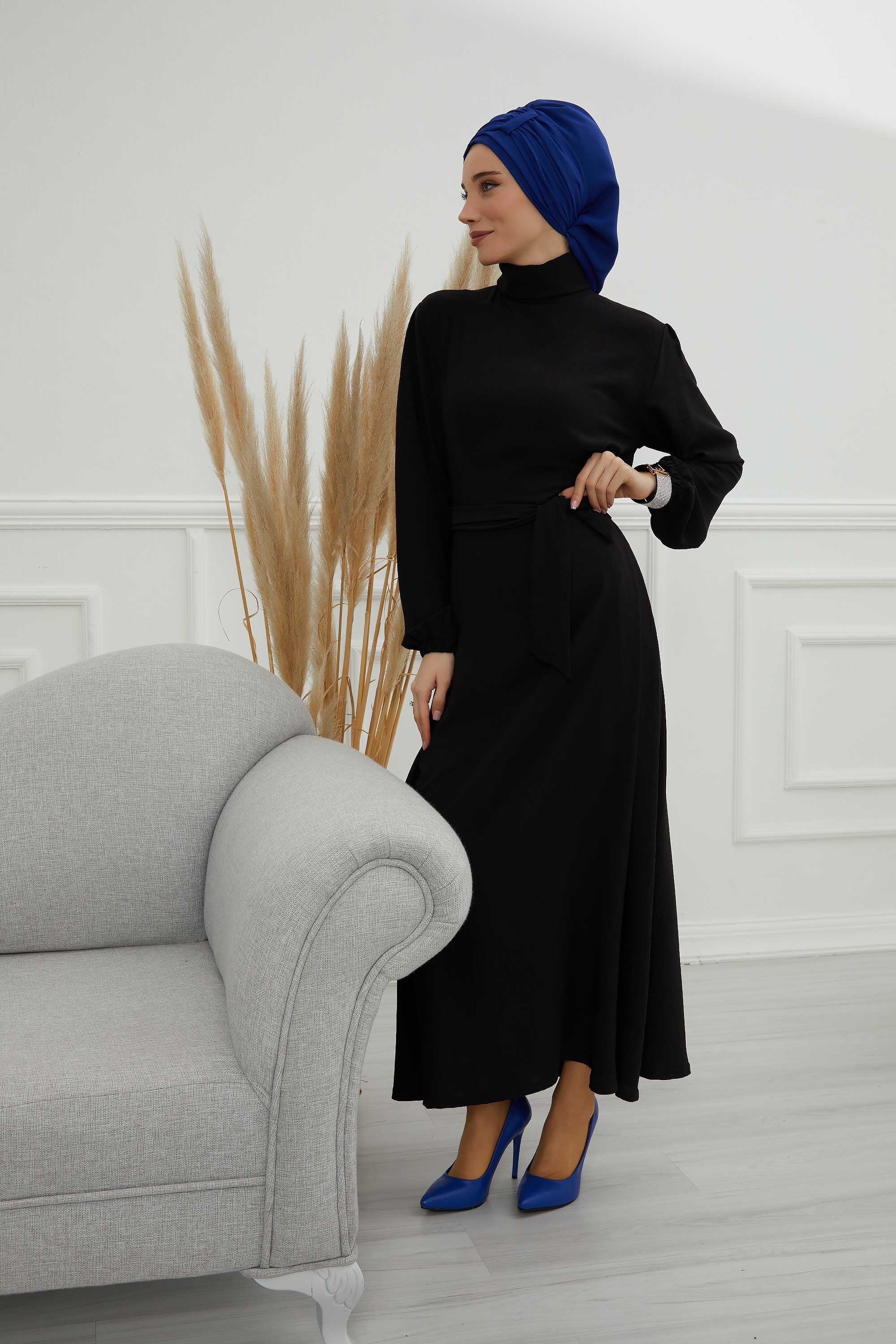 Pleated Chiffon Instant Turban for Women, Pre-Tied Elegant Hijab Cap, Lightweight Modest Headwrap for Daily & Formal Wear,HT-107 Sax Blue