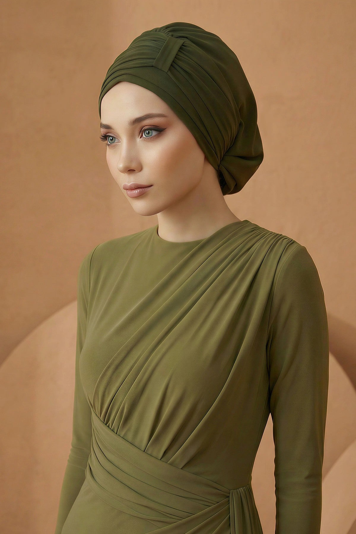 Pleated Chiffon Instant Turban for Women, Pre-Tied Elegant Hijab Cap, Lightweight Modest Headwrap for Daily & Formal Wear,HT-107 Army Green