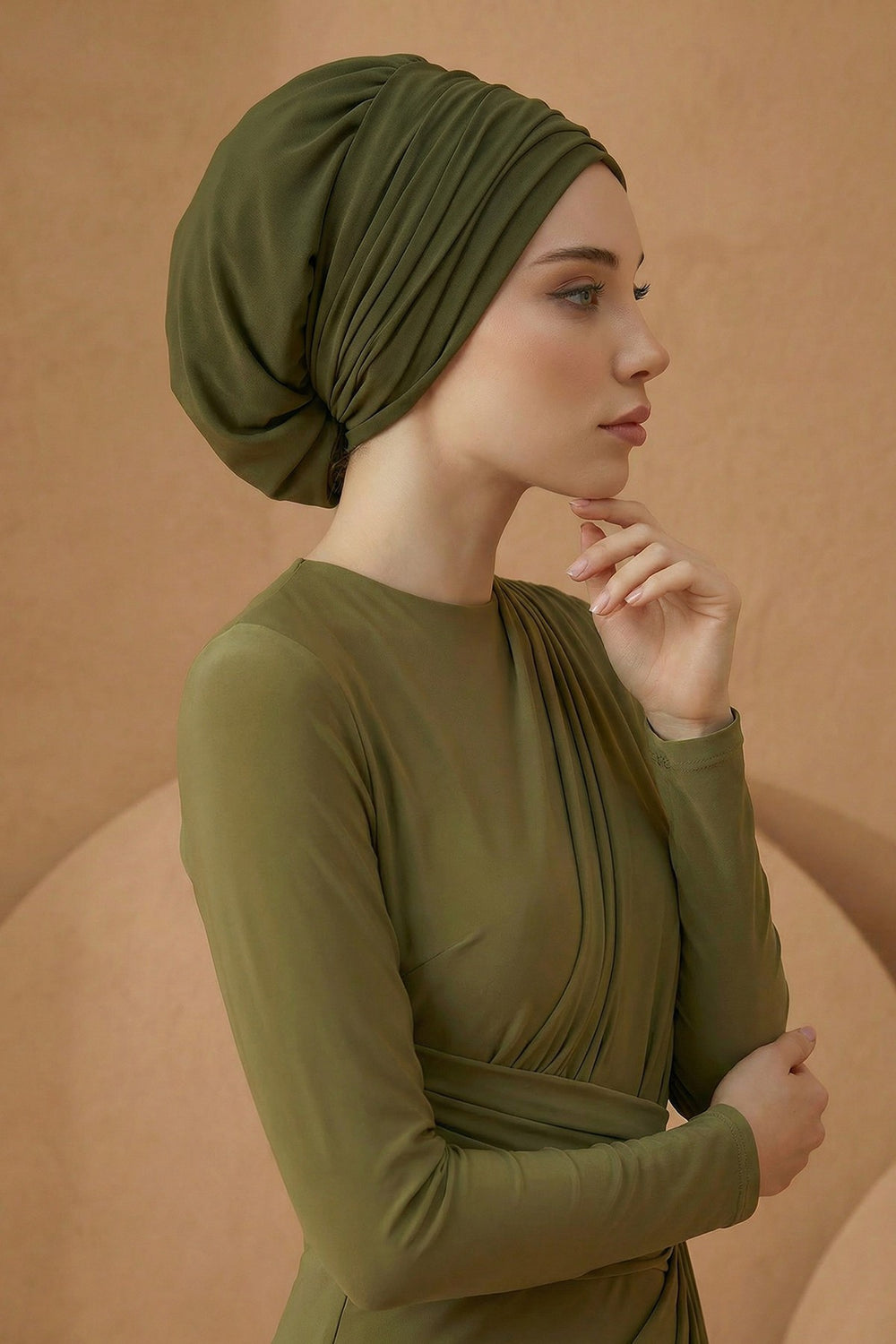 Pleated Chiffon Instant Turban for Women, Pre-Tied Elegant Hijab Cap, Lightweight Modest Headwrap for Daily & Formal Wear,HT-107 Army Green