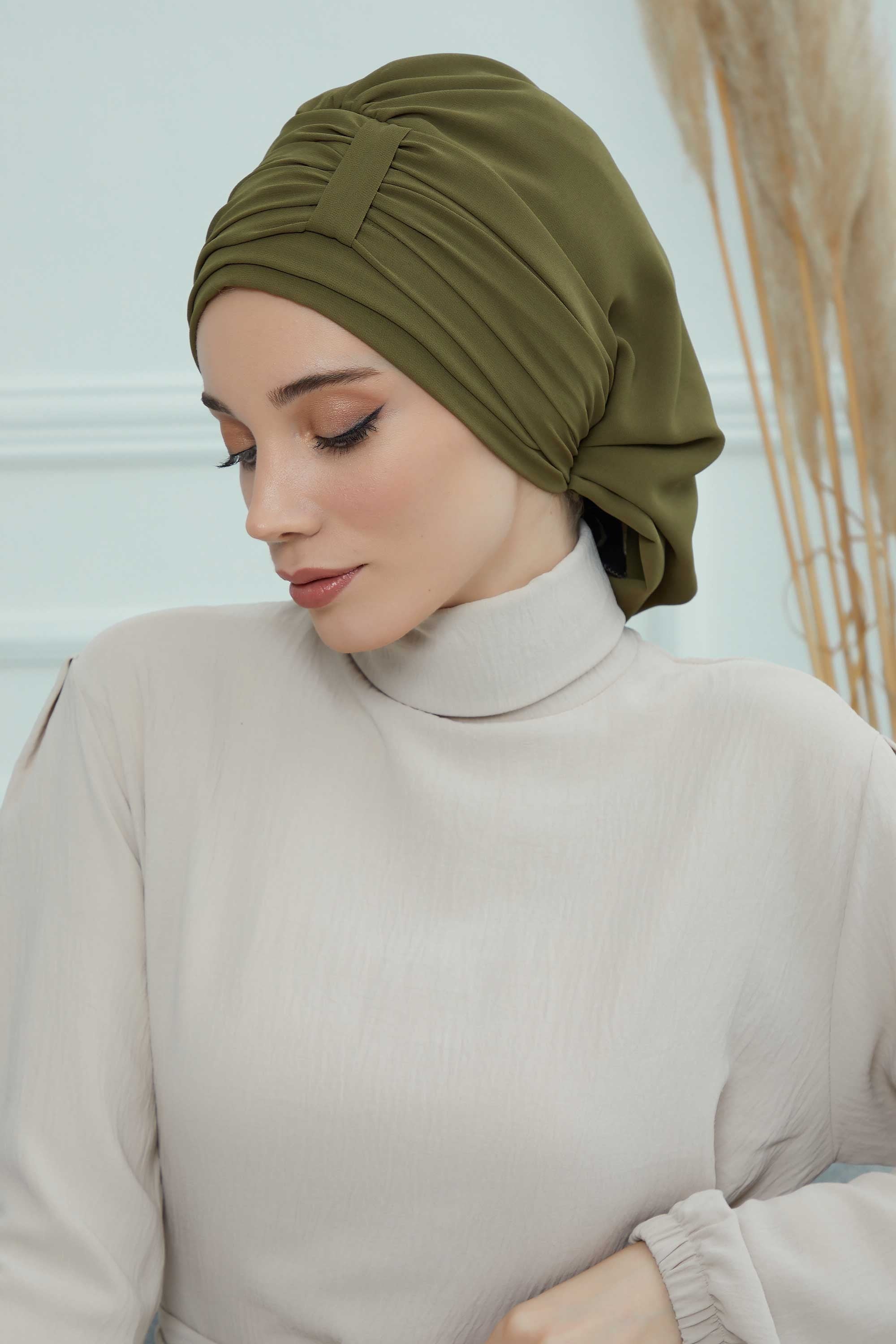 Pleated Chiffon Instant Turban for Women, Pre-Tied Elegant Hijab Cap, Lightweight Modest Headwrap for Daily & Formal Wear,HT-107 Army Green