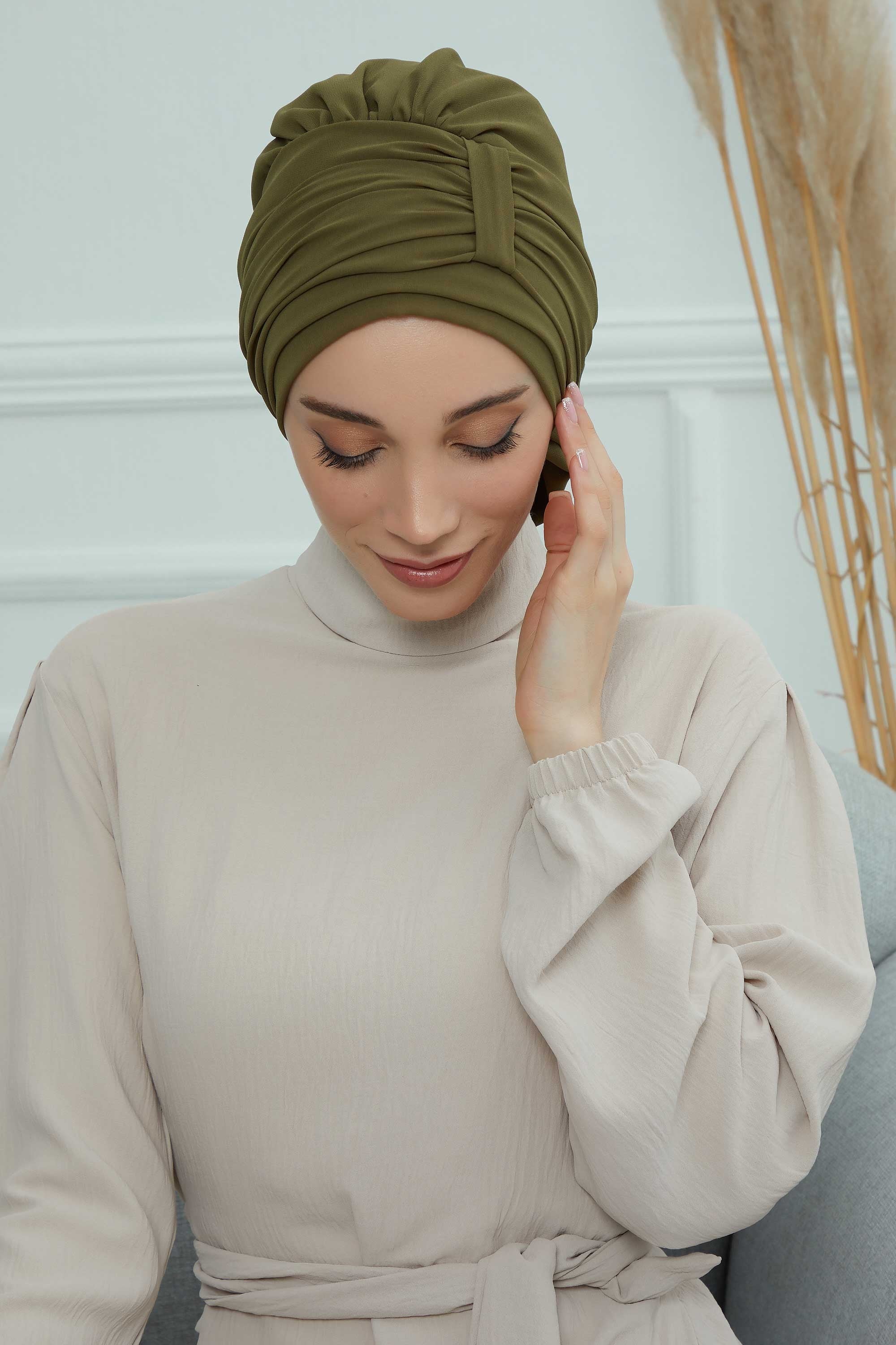 Pleated Chiffon Instant Turban for Women, Pre-Tied Elegant Hijab Cap, Lightweight Modest Headwrap for Daily & Formal Wear,HT-107 Army Green