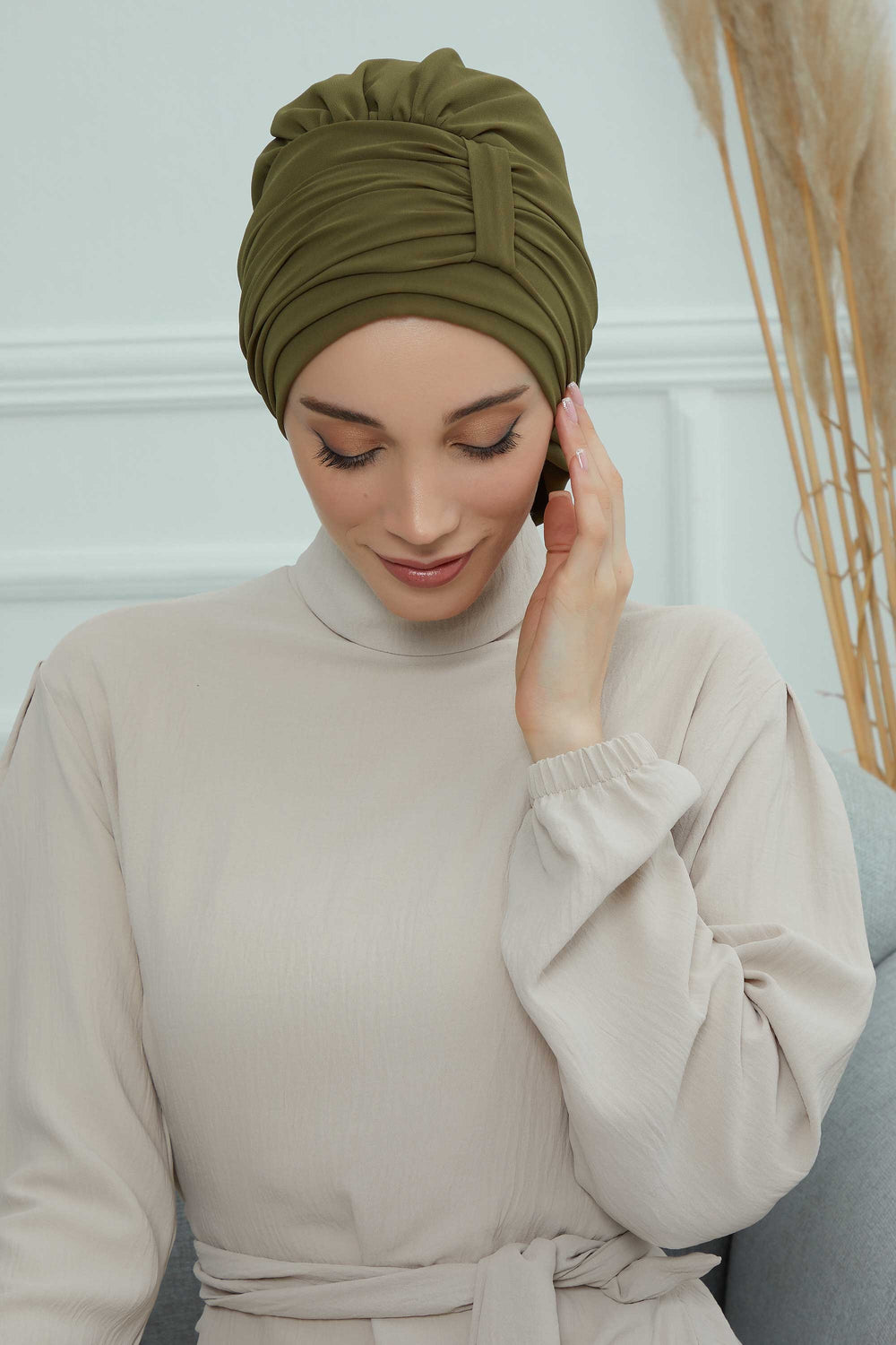 Pleated Chiffon Instant Turban for Women, Pre-Tied Elegant Hijab Cap, Lightweight Modest Headwrap for Daily & Formal Wear,HT-107 Army Green