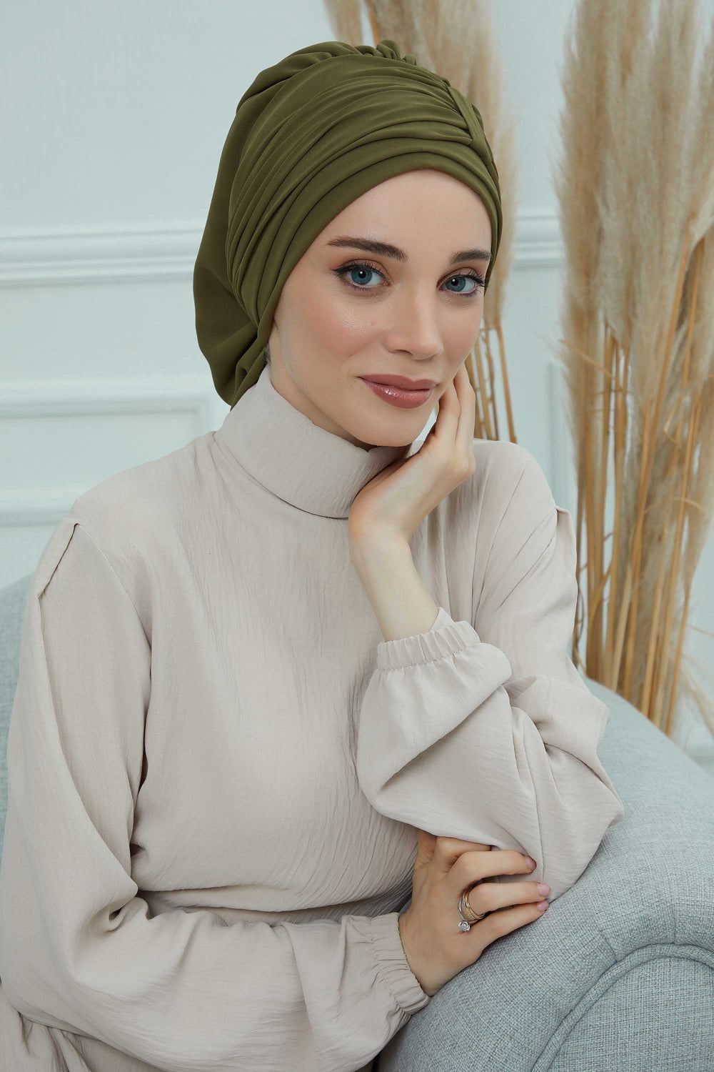 Pleated Chiffon Instant Turban for Women, Pre-Tied Elegant Hijab Cap, Lightweight Modest Headwrap for Daily & Formal Wear,HT-107 Army Green