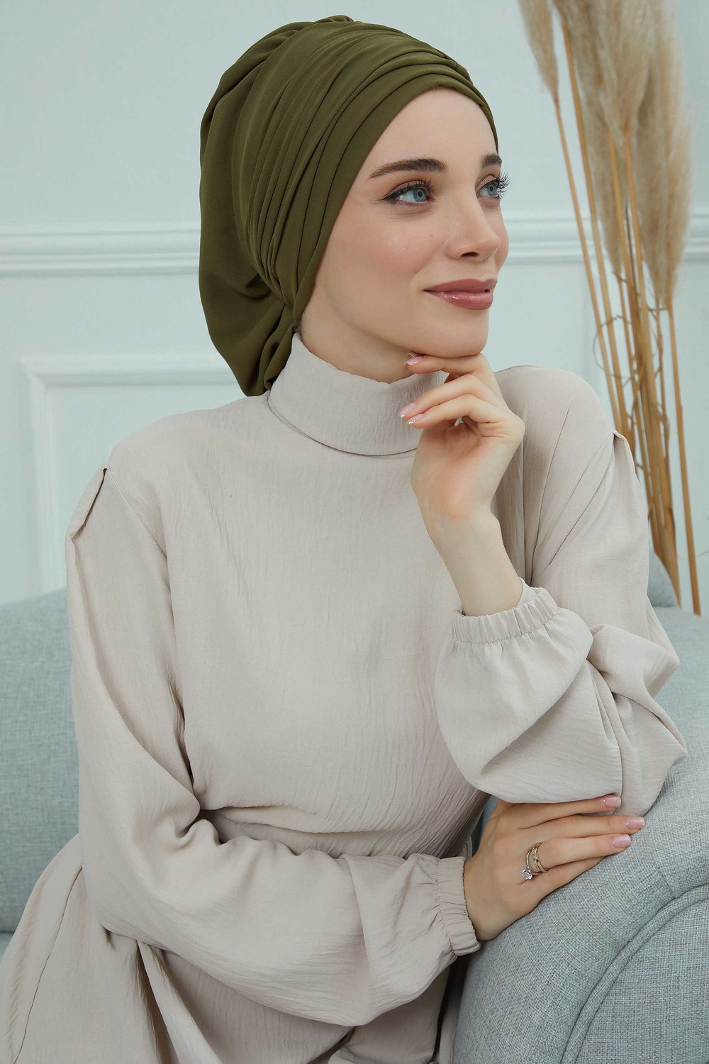 Pleated Chiffon Instant Turban for Women, Pre-Tied Elegant Hijab Cap, Lightweight Modest Headwrap for Daily & Formal Wear,HT-107 Army Green