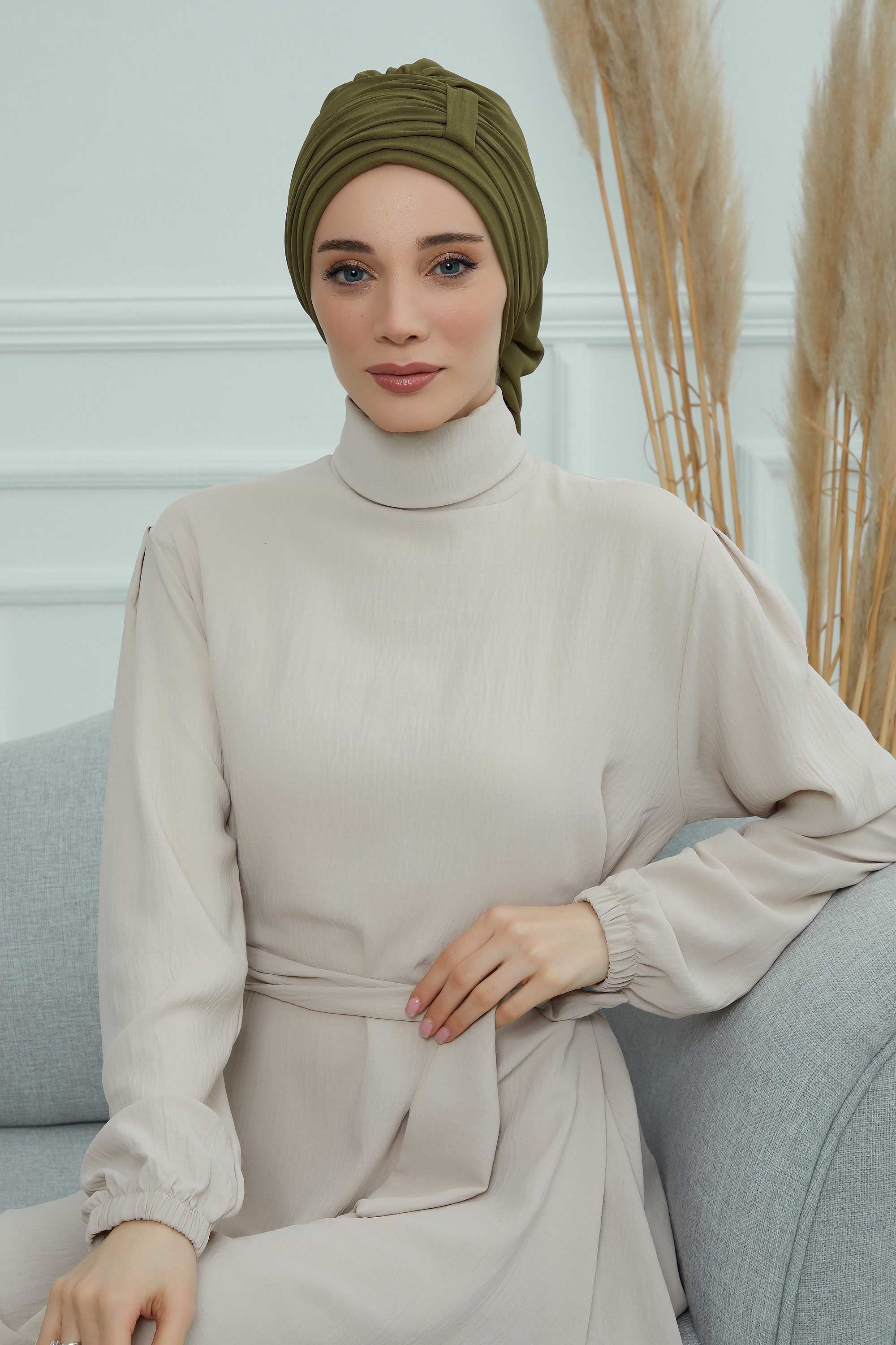 Pleated Chiffon Instant Turban for Women, Pre-Tied Elegant Hijab Cap, Lightweight Modest Headwrap for Daily & Formal Wear,HT-107 Army Green