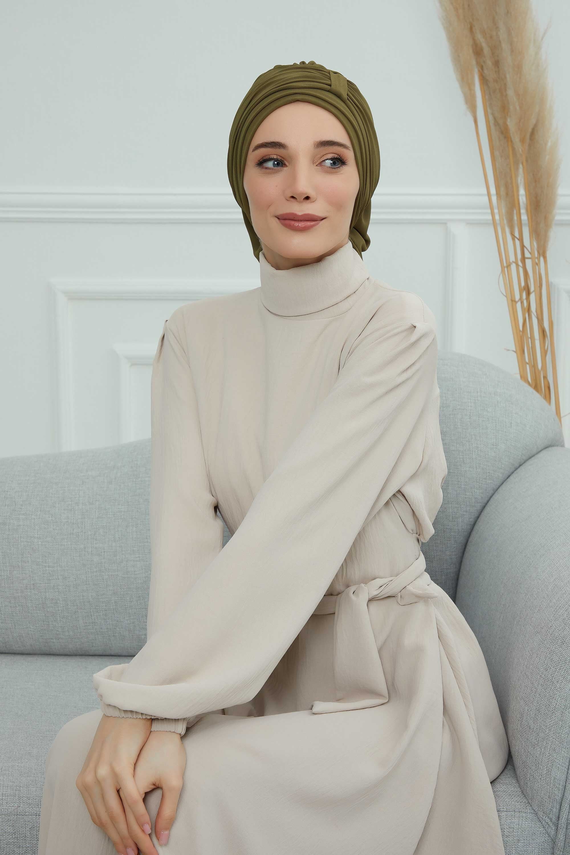Pleated Chiffon Instant Turban for Women, Pre-Tied Elegant Hijab Cap, Lightweight Modest Headwrap for Daily & Formal Wear,HT-107 Army Green