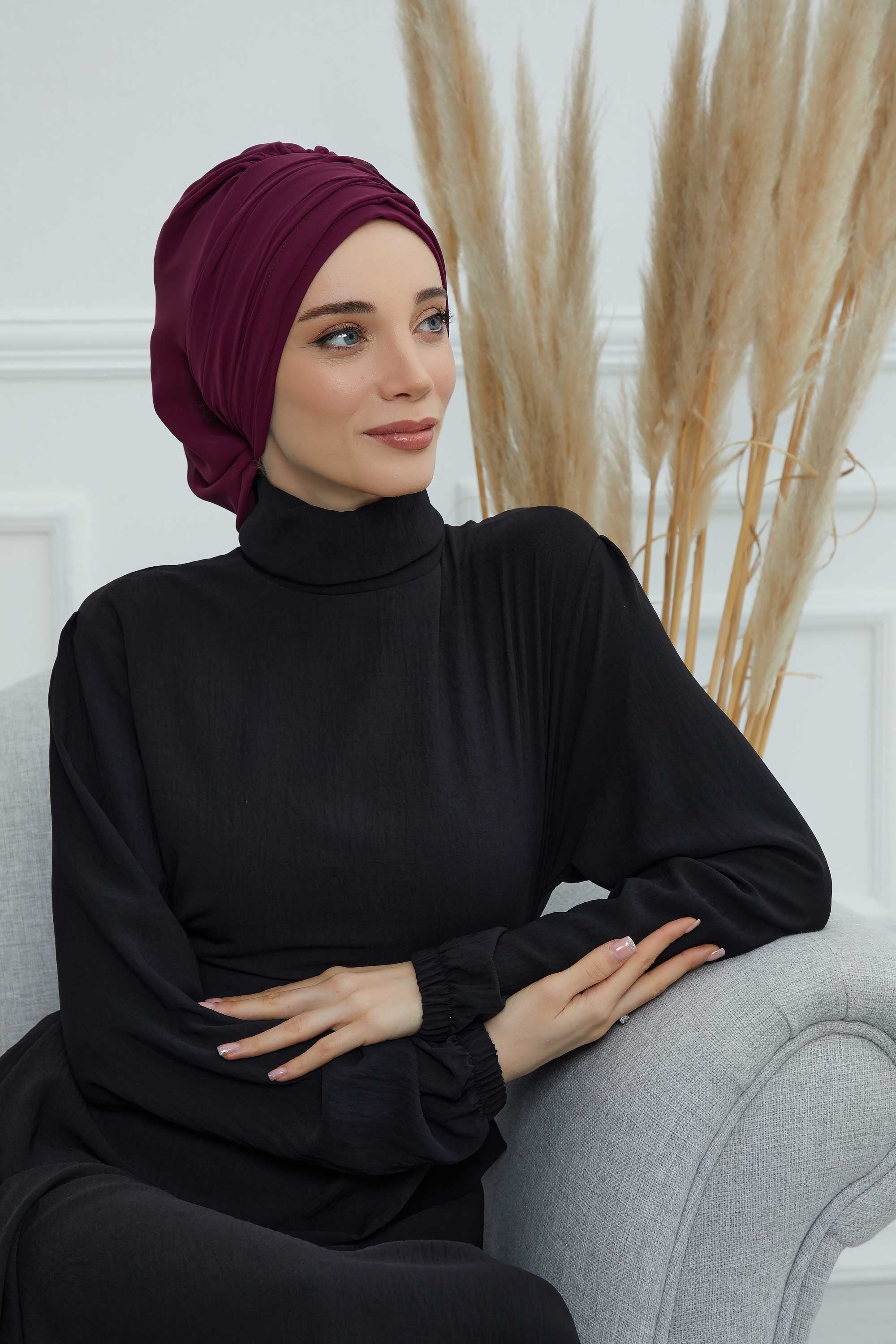 Pleated Chiffon Instant Turban for Women, Pre-Tied Elegant Hijab Cap, Lightweight Modest Headwrap for Daily & Formal Wear,HT-107 Damson