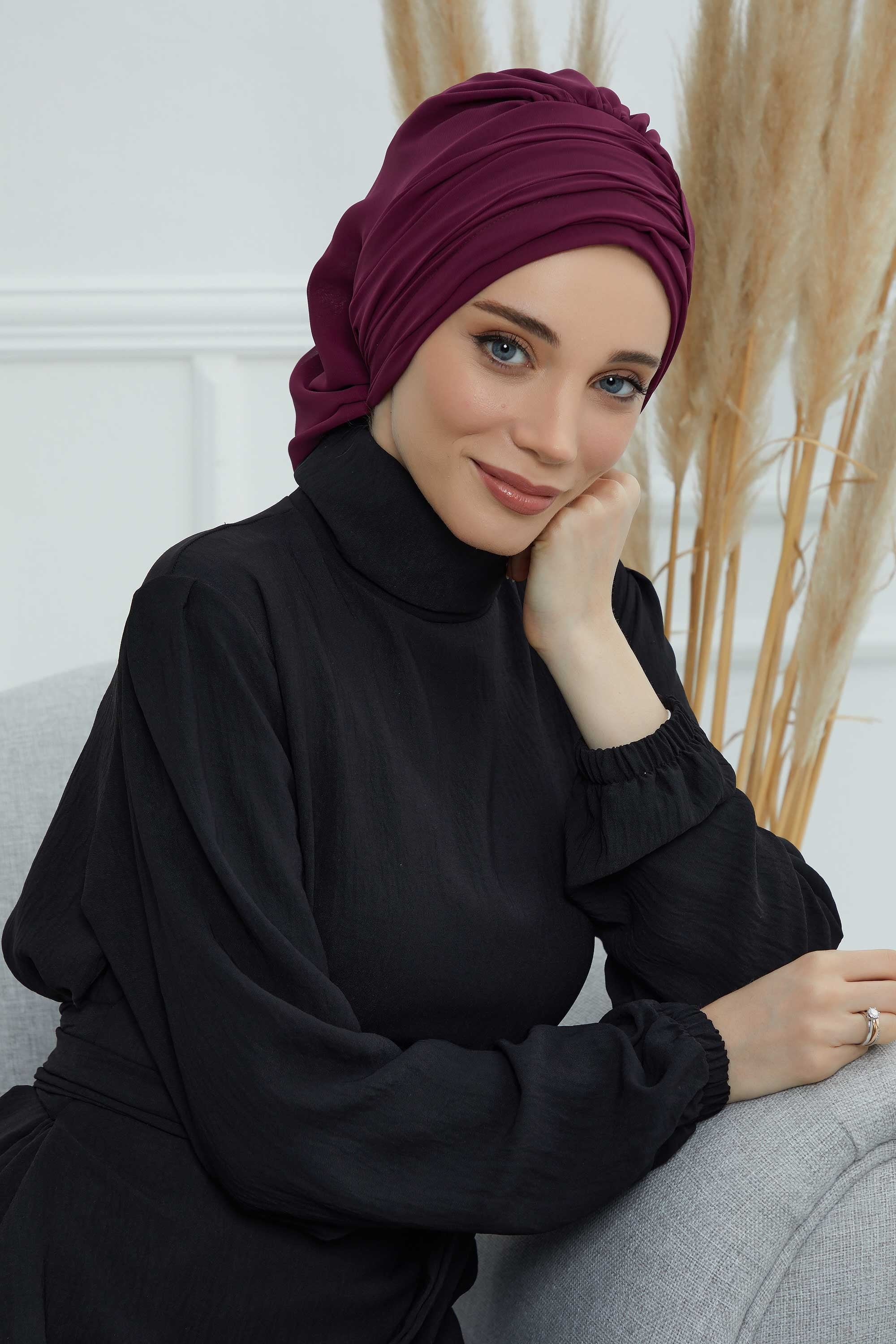 Pleated Chiffon Instant Turban for Women, Pre-Tied Elegant Hijab Cap, Lightweight Modest Headwrap for Daily & Formal Wear,HT-107 Damson
