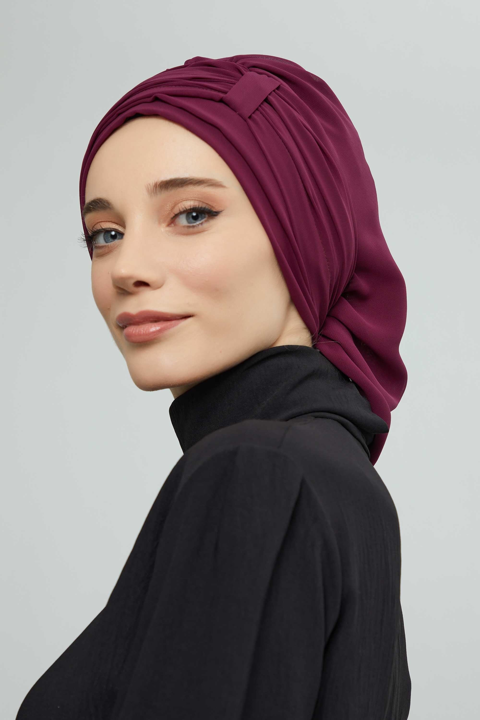 Pleated Chiffon Instant Turban for Women, Pre-Tied Elegant Hijab Cap, Lightweight Modest Headwrap for Daily & Formal Wear,HT-107 Damson