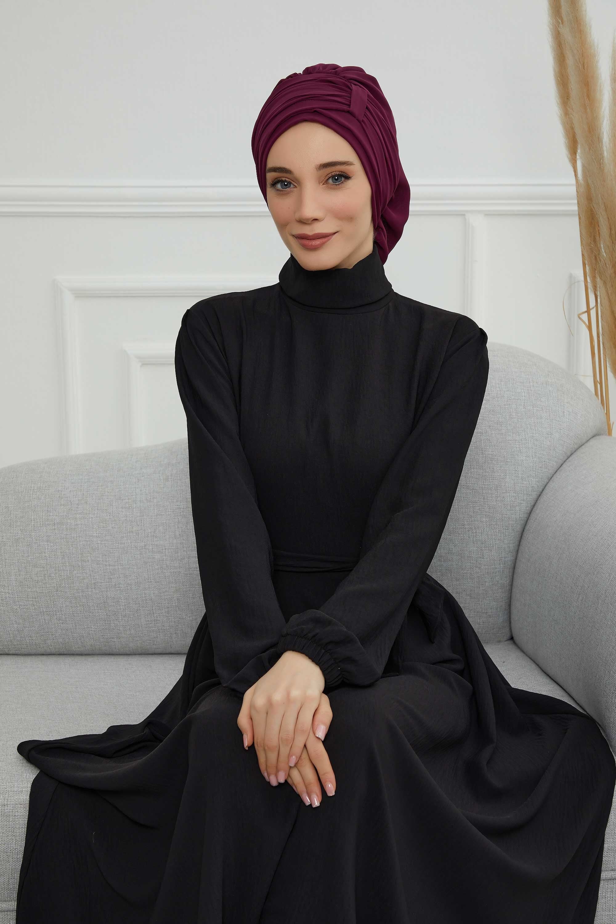 Pleated Chiffon Instant Turban for Women, Pre-Tied Elegant Hijab Cap, Lightweight Modest Headwrap for Daily & Formal Wear,HT-107 Damson
