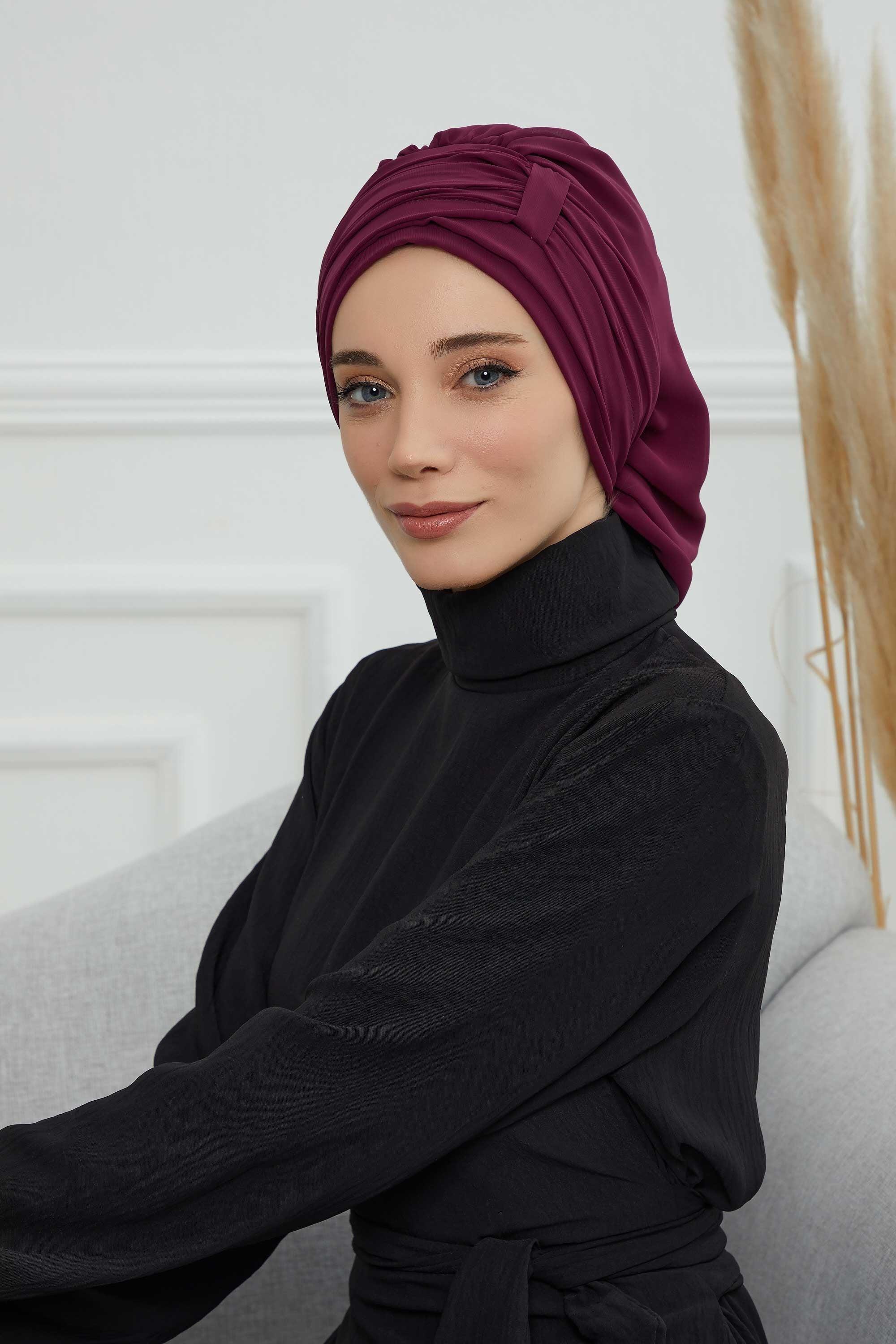 Pleated Chiffon Instant Turban for Women, Pre-Tied Elegant Hijab Cap, Lightweight Modest Headwrap for Daily & Formal Wear,HT-107 Damson
