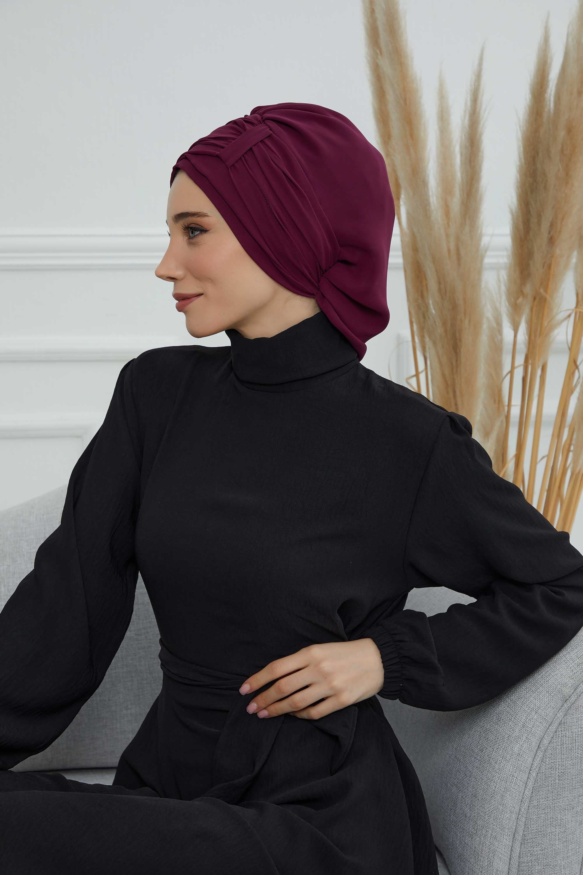 Pleated Chiffon Instant Turban for Women, Pre-Tied Elegant Hijab Cap, Lightweight Modest Headwrap for Daily & Formal Wear,HT-107 Damson