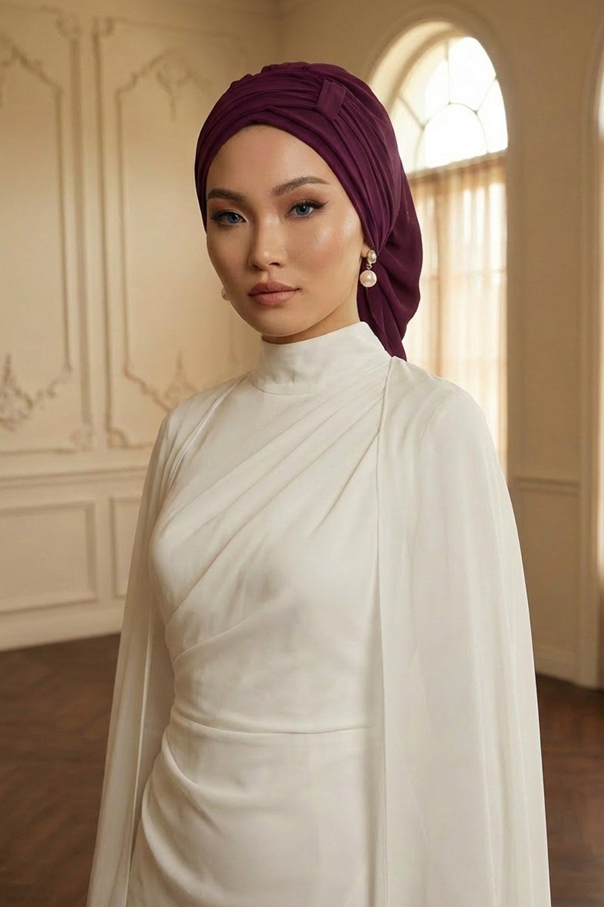 Pleated Chiffon Instant Turban for Women, Pre-Tied Elegant Hijab Cap, Lightweight Modest Headwrap for Daily & Formal Wear,HT-107 Damson