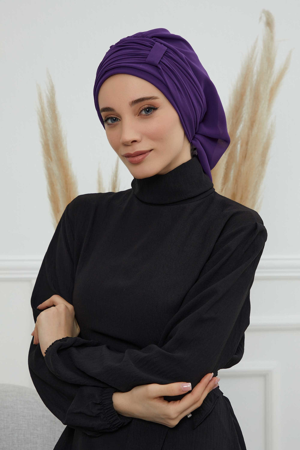 Pleated Chiffon Instant Turban for Women, Pre-Tied Elegant Hijab Cap, Lightweight Modest Headwrap for Daily & Formal Wear,HT-107 Purple