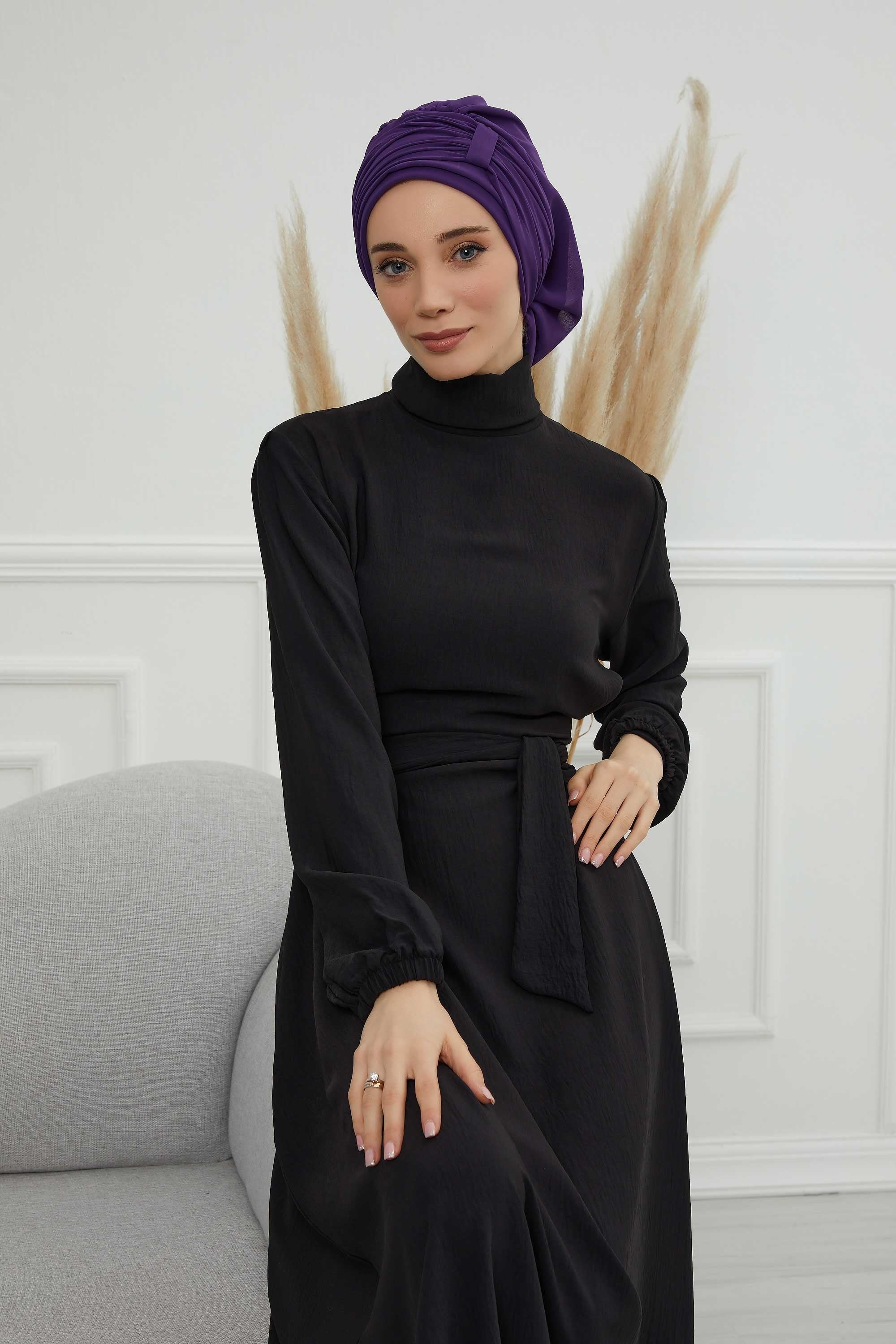 Pleated Chiffon Instant Turban for Women, Pre-Tied Elegant Hijab Cap, Lightweight Modest Headwrap for Daily & Formal Wear,HT-107 Purple