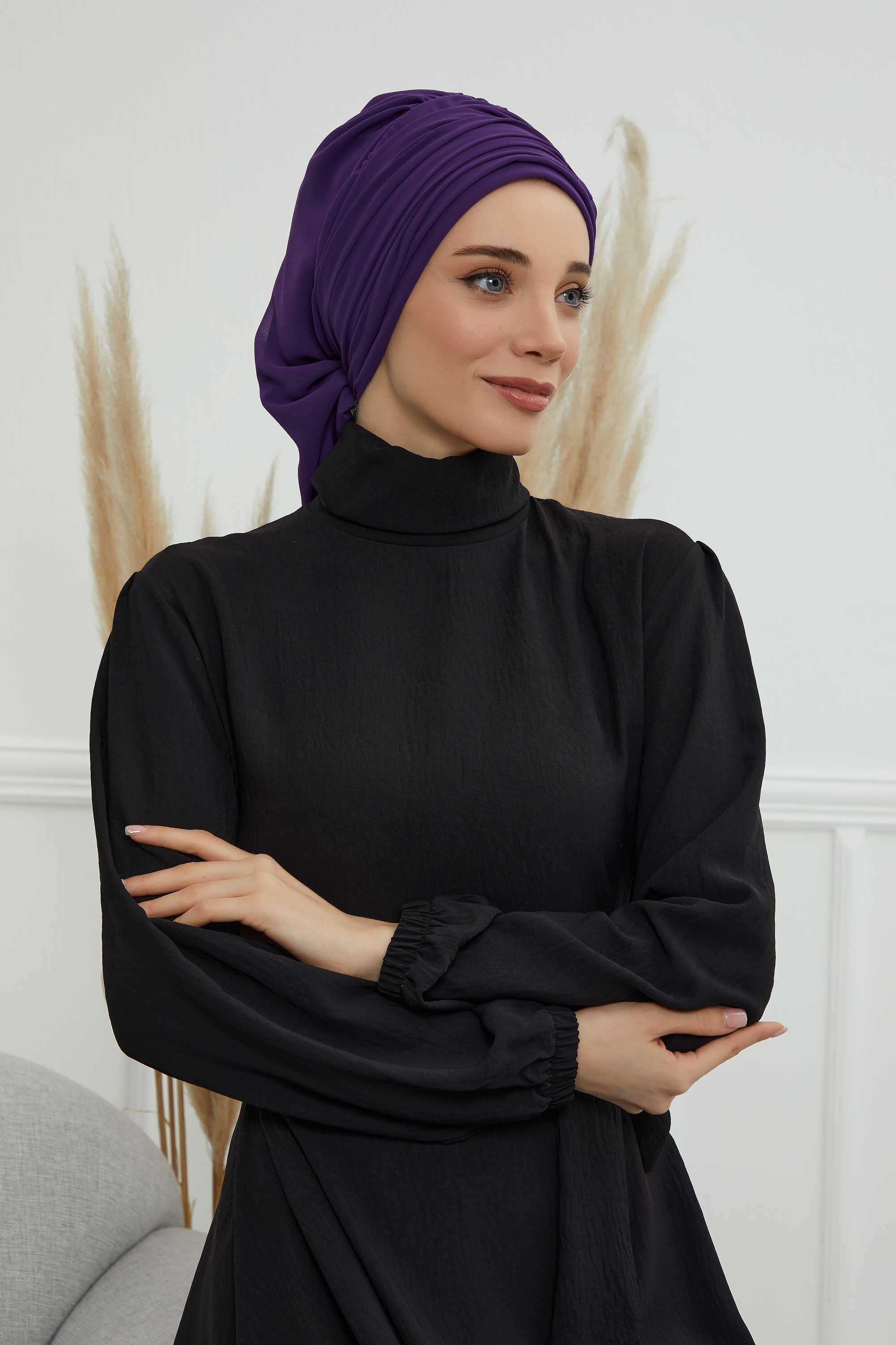 Pleated Chiffon Instant Turban for Women, Pre-Tied Elegant Hijab Cap, Lightweight Modest Headwrap for Daily & Formal Wear,HT-107 Purple