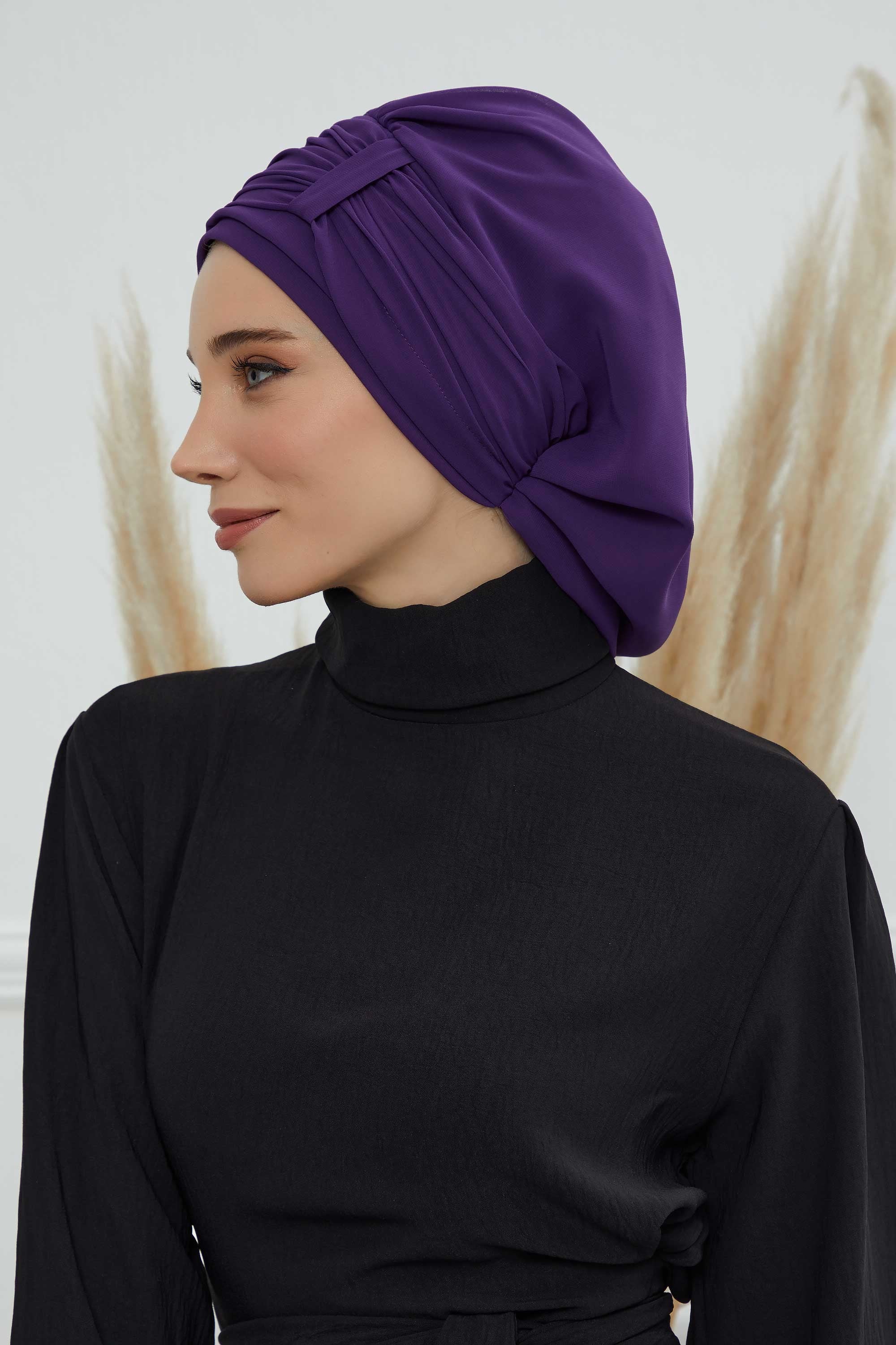 Pleated Chiffon Instant Turban for Women, Pre-Tied Elegant Hijab Cap, Lightweight Modest Headwrap for Daily & Formal Wear,HT-107 Purple