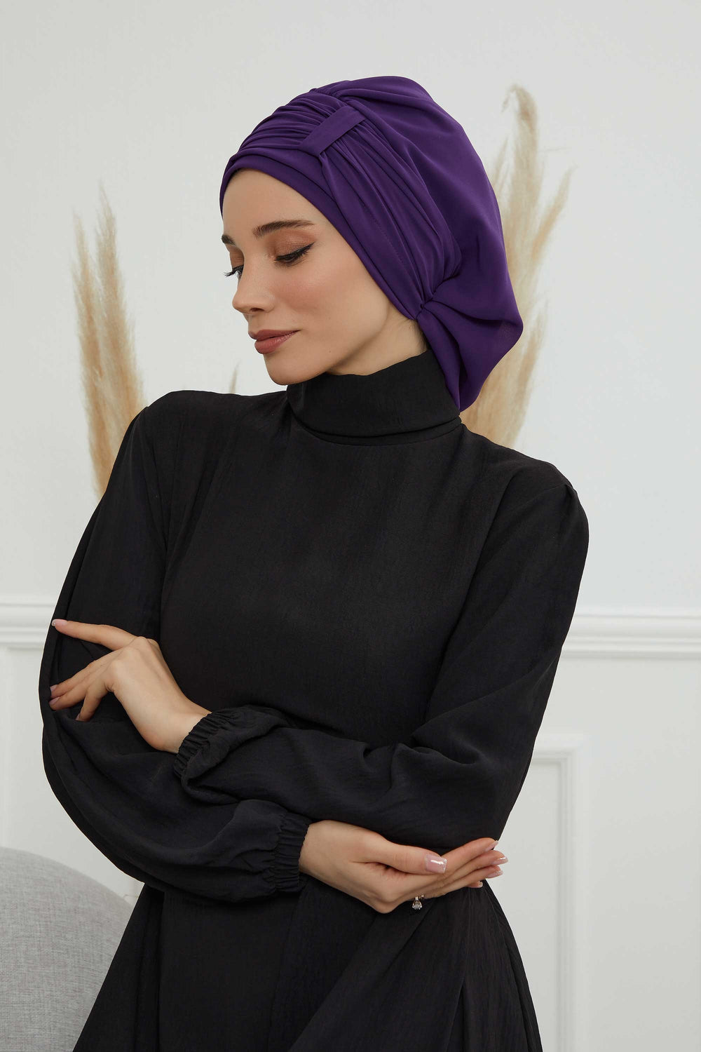 Pleated Chiffon Instant Turban for Women, Pre-Tied Elegant Hijab Cap, Lightweight Modest Headwrap for Daily & Formal Wear,HT-107 Purple
