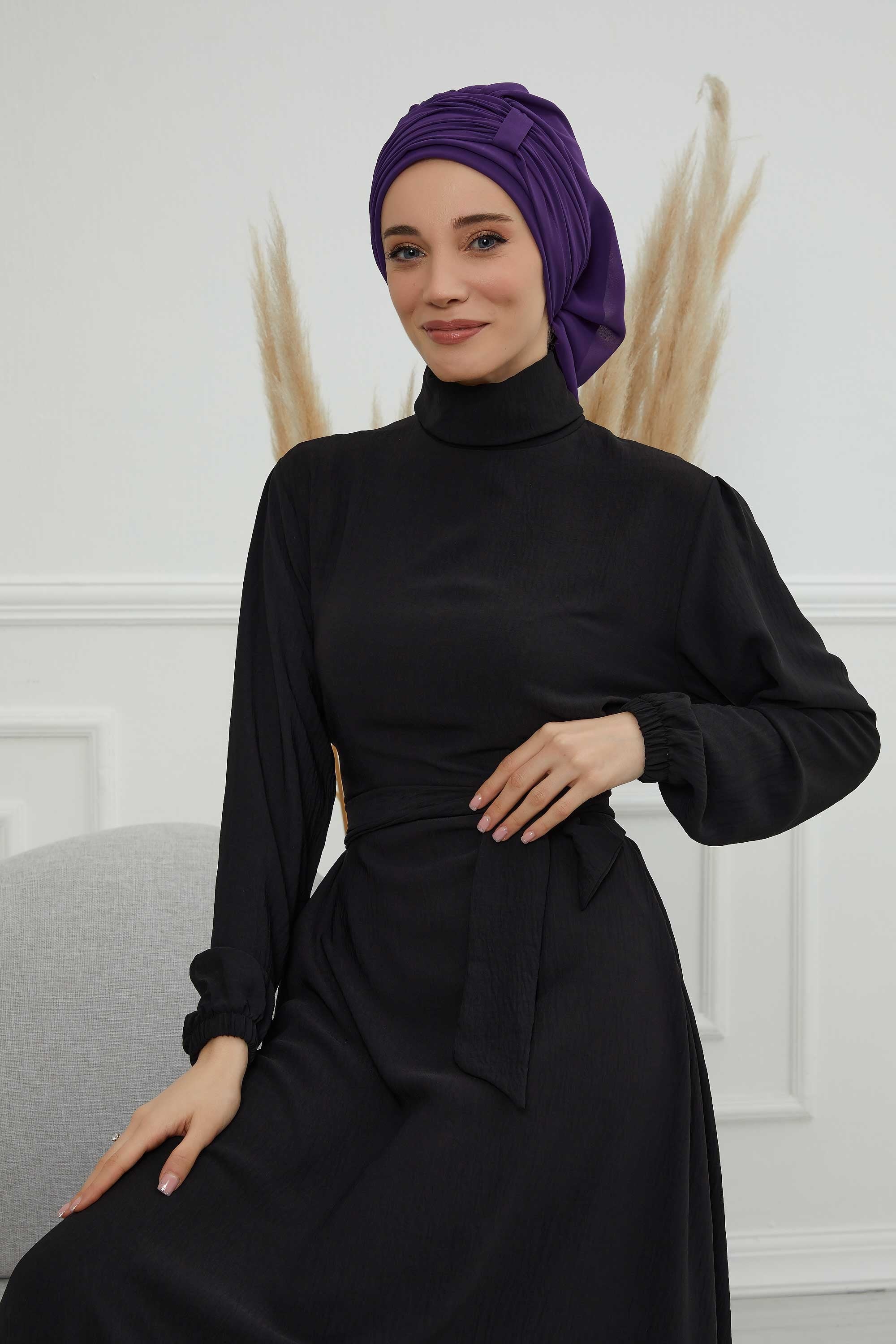 Pleated Chiffon Instant Turban for Women, Pre-Tied Elegant Hijab Cap, Lightweight Modest Headwrap for Daily & Formal Wear,HT-107 Purple
