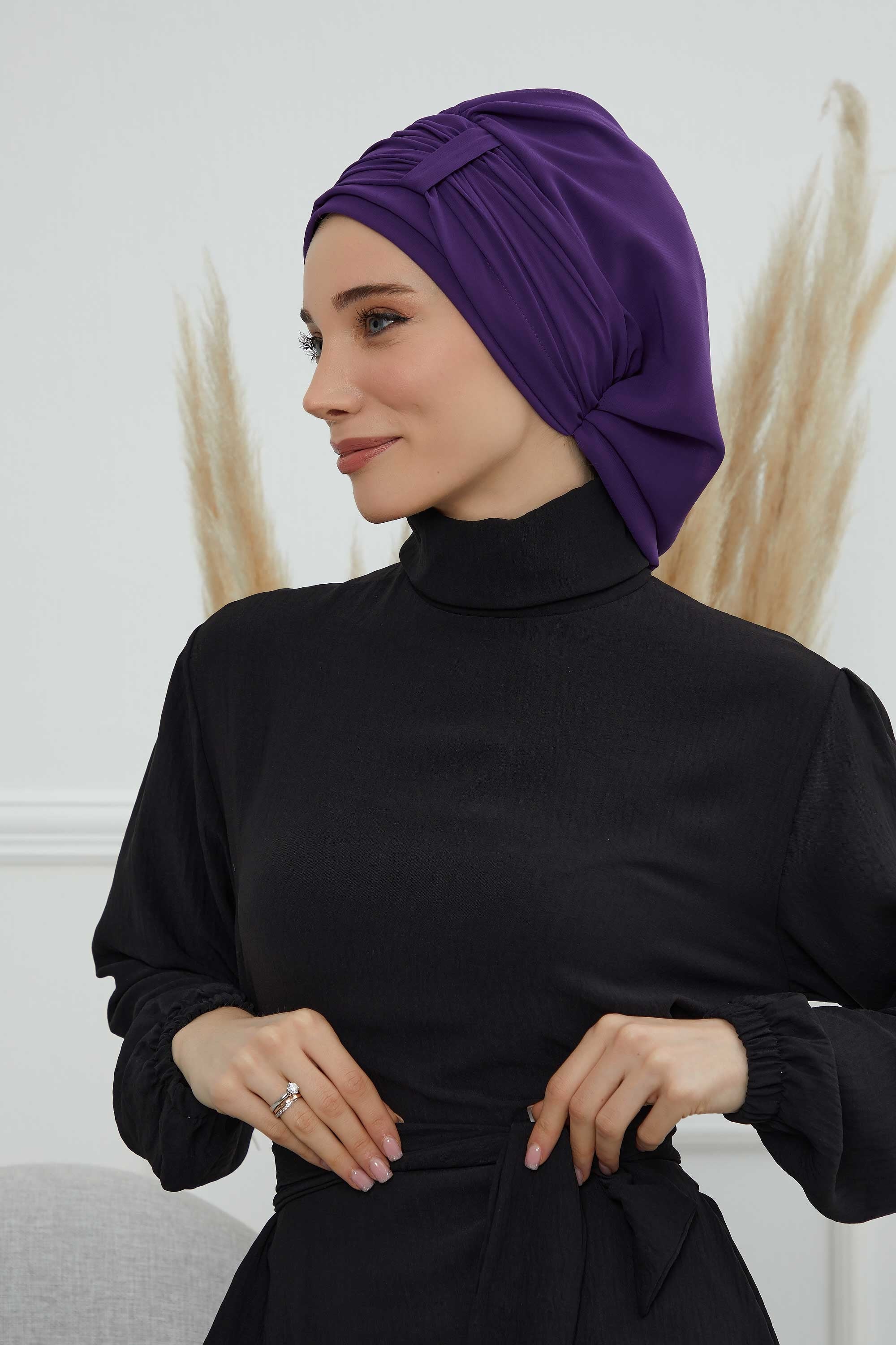 Pleated Chiffon Instant Turban for Women, Pre-Tied Elegant Hijab Cap, Lightweight Modest Headwrap for Daily & Formal Wear,HT-107 Purple