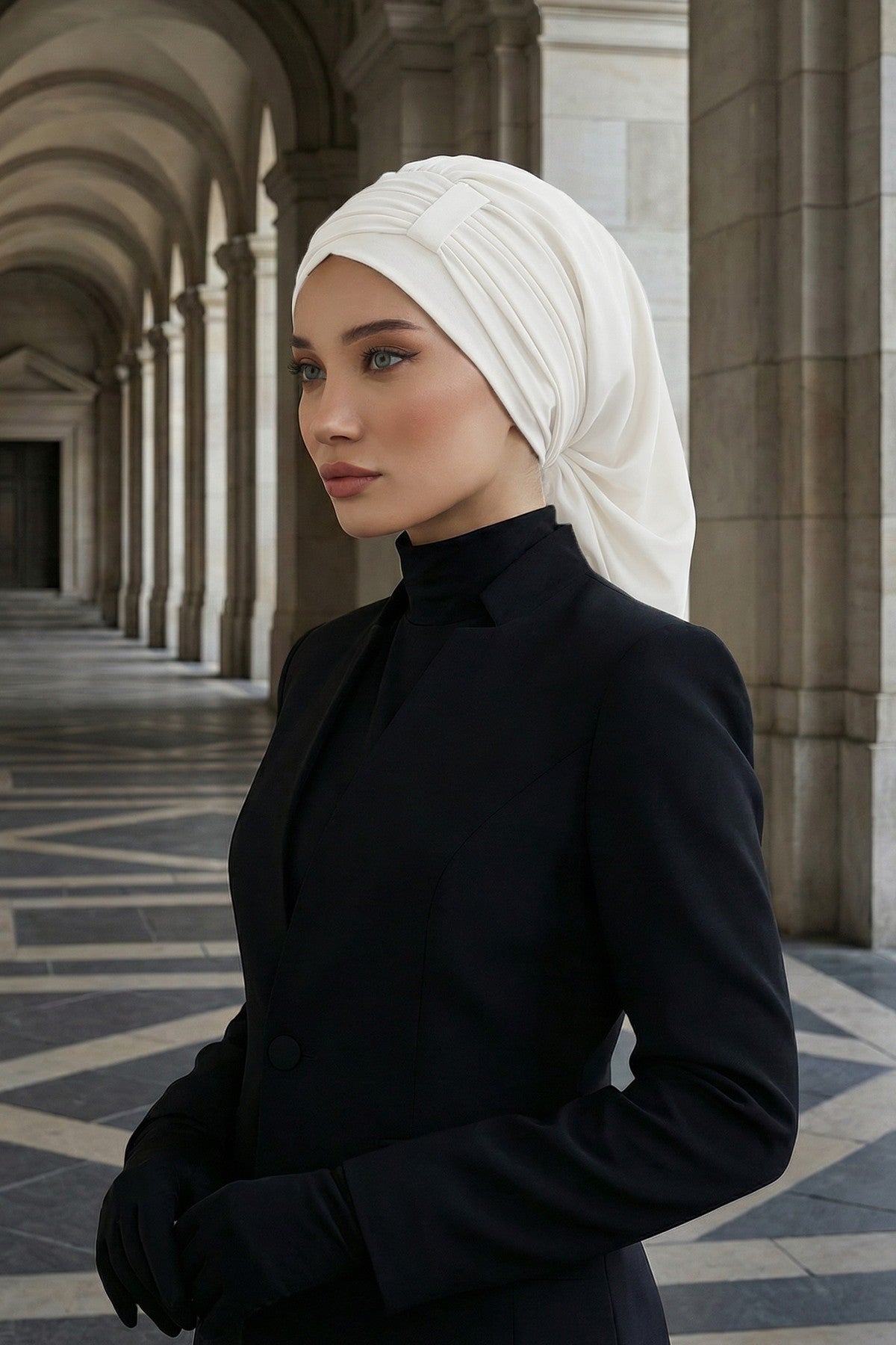 Pleated Chiffon Instant Turban for Women, Pre-Tied Elegant Hijab Cap, Lightweight Modest Headwrap for Daily & Formal Wear,HT-107 Ivory