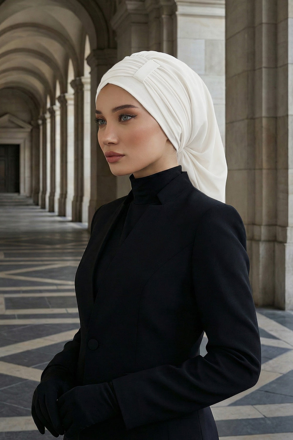 Pleated Chiffon Instant Turban for Women, Pre-Tied Elegant Hijab Cap, Lightweight Modest Headwrap for Daily & Formal Wear,HT-107 Ivory