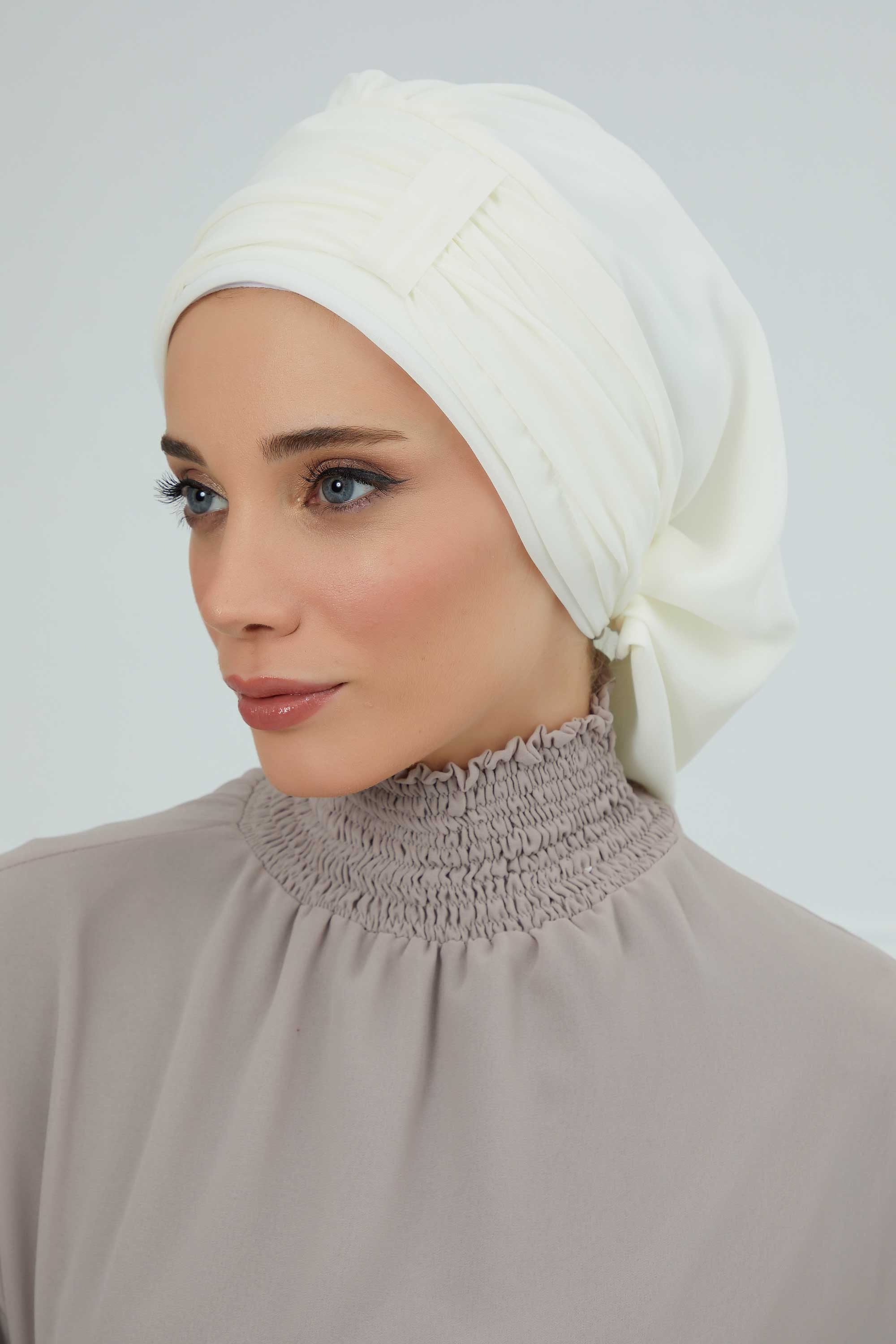 Pleated Chiffon Instant Turban for Women, Pre-Tied Elegant Hijab Cap, Lightweight Modest Headwrap for Daily & Formal Wear,HT-107 Ivory