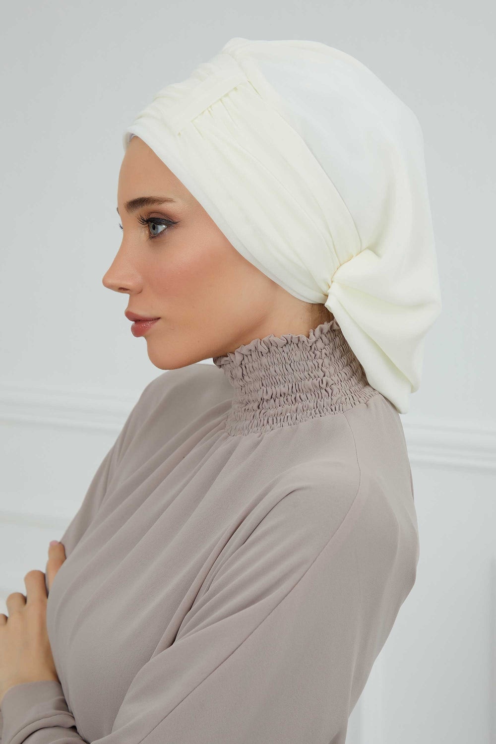 Pleated Chiffon Instant Turban for Women, Pre-Tied Elegant Hijab Cap, Lightweight Modest Headwrap for Daily & Formal Wear,HT-107 Ivory