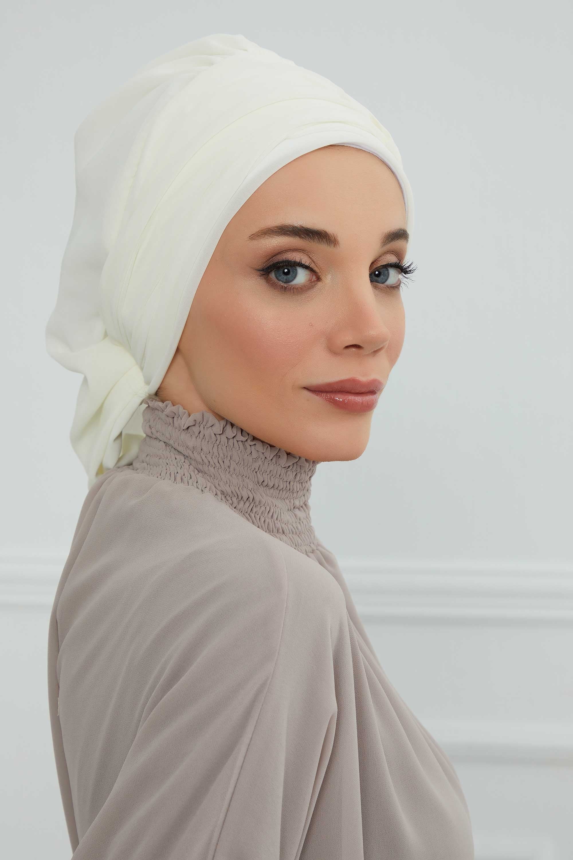 Pleated Chiffon Instant Turban for Women, Pre-Tied Elegant Hijab Cap, Lightweight Modest Headwrap for Daily & Formal Wear,HT-107 Ivory