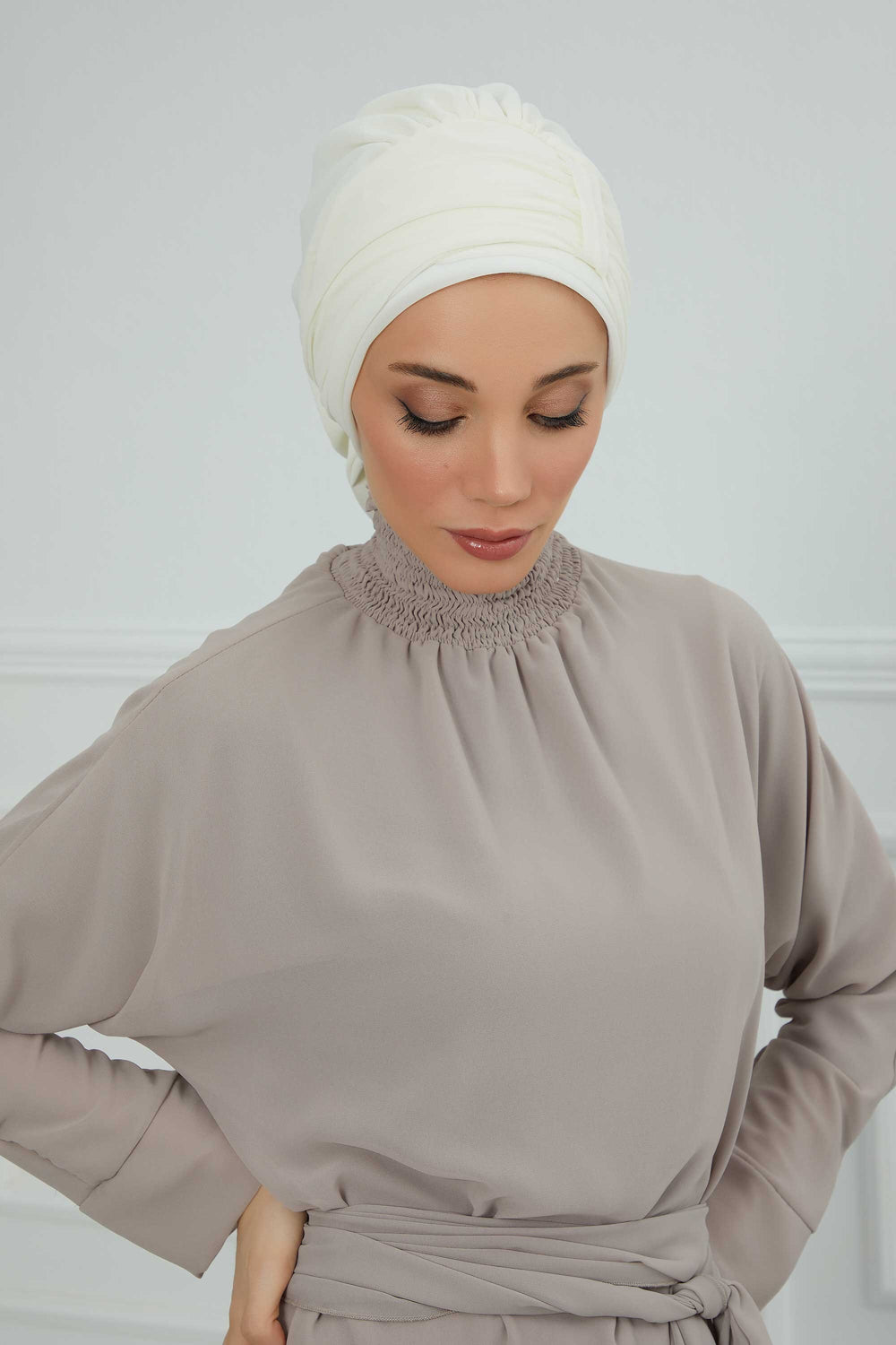 Pleated Chiffon Instant Turban for Women, Pre-Tied Elegant Hijab Cap, Lightweight Modest Headwrap for Daily & Formal Wear,HT-107 Ivory