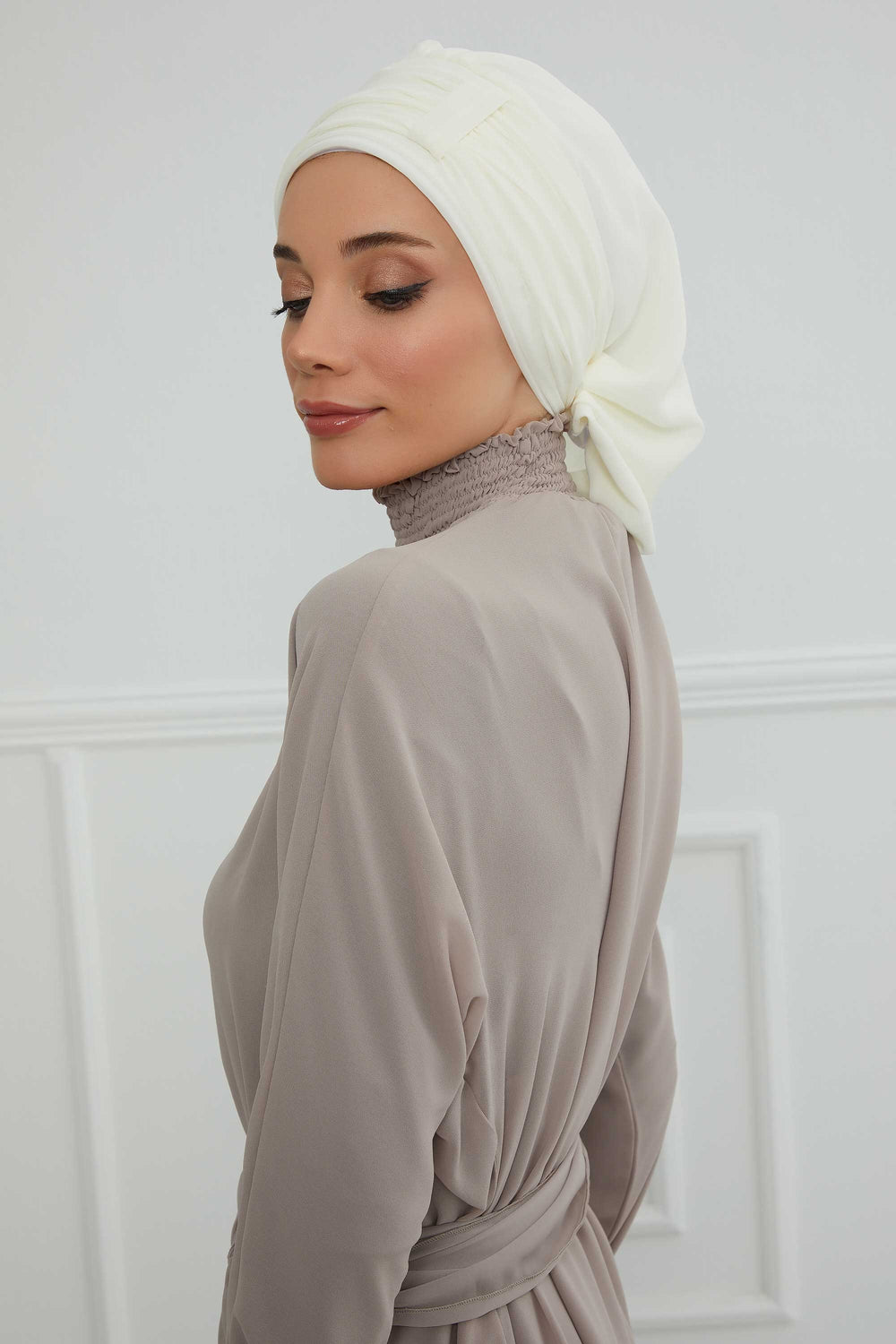 Pleated Chiffon Instant Turban for Women, Pre-Tied Elegant Hijab Cap, Lightweight Modest Headwrap for Daily & Formal Wear,HT-107 Ivory