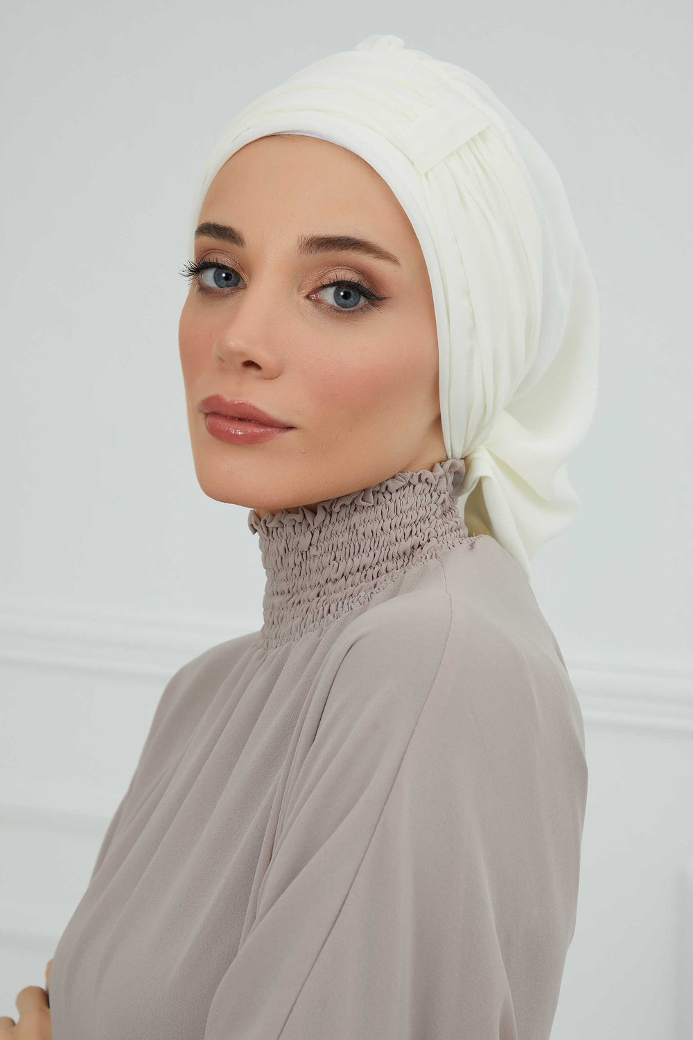 Pleated Chiffon Instant Turban for Women, Pre-Tied Elegant Hijab Cap, Lightweight Modest Headwrap for Daily & Formal Wear,HT-107 Ivory