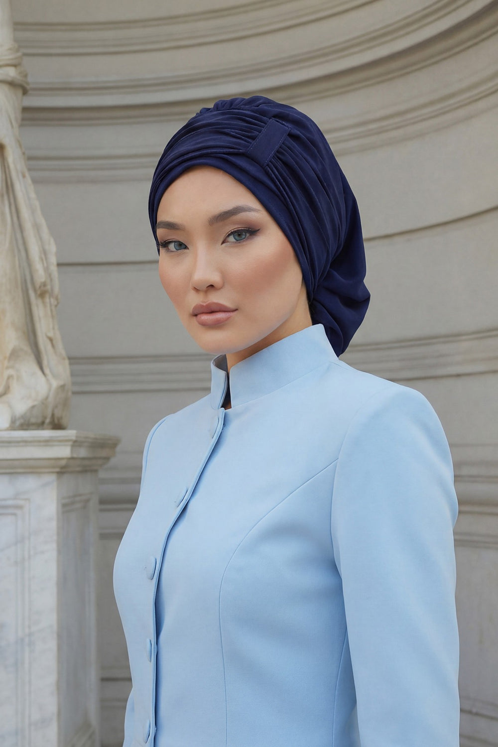 Pleated Chiffon Instant Turban for Women, Pre-Tied Elegant Hijab Cap, Lightweight Modest Headwrap for Daily & Formal Wear,HT-107 Navy Blue