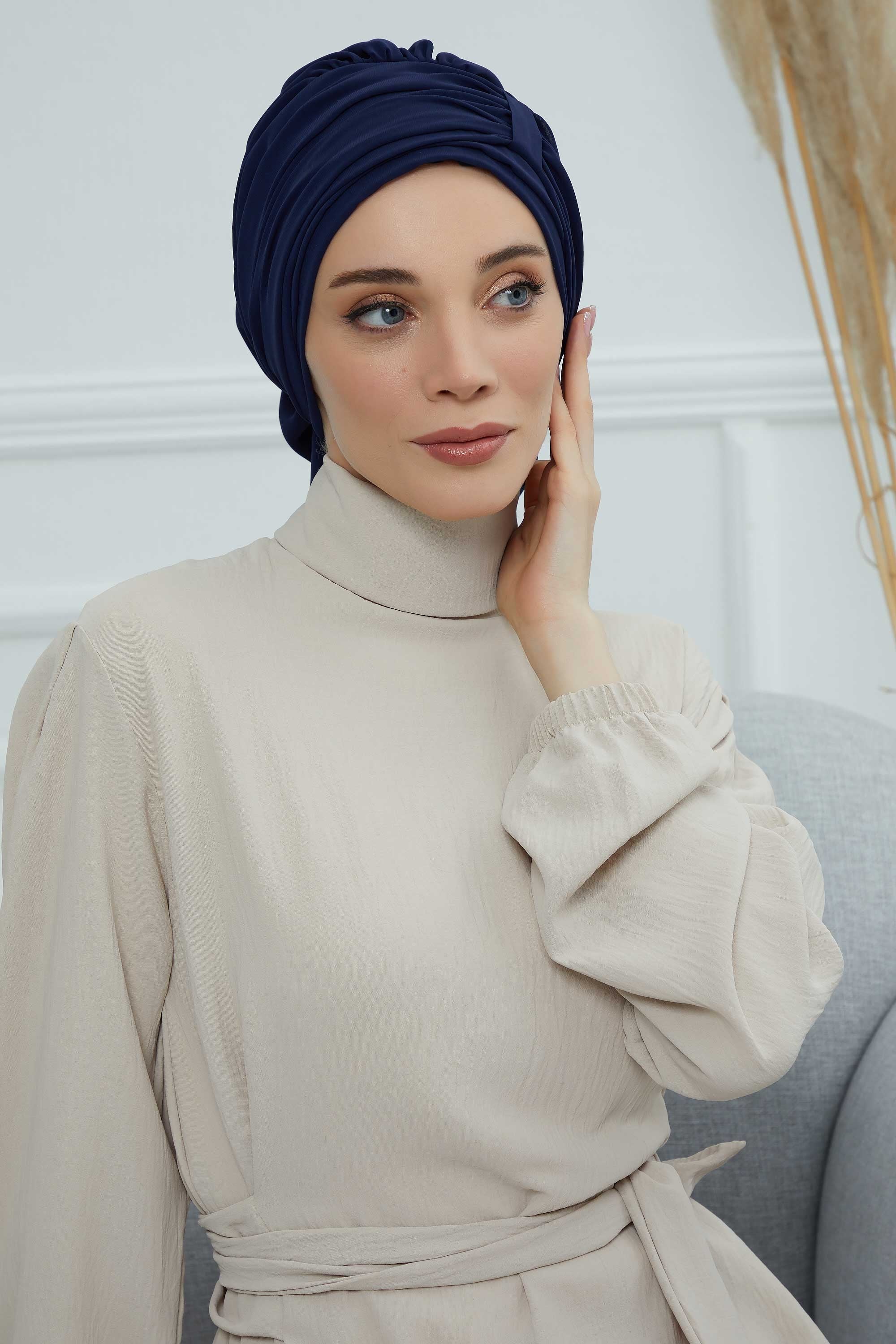 Pleated Chiffon Instant Turban for Women, Pre-Tied Elegant Hijab Cap, Lightweight Modest Headwrap for Daily & Formal Wear,HT-107 Navy Blue