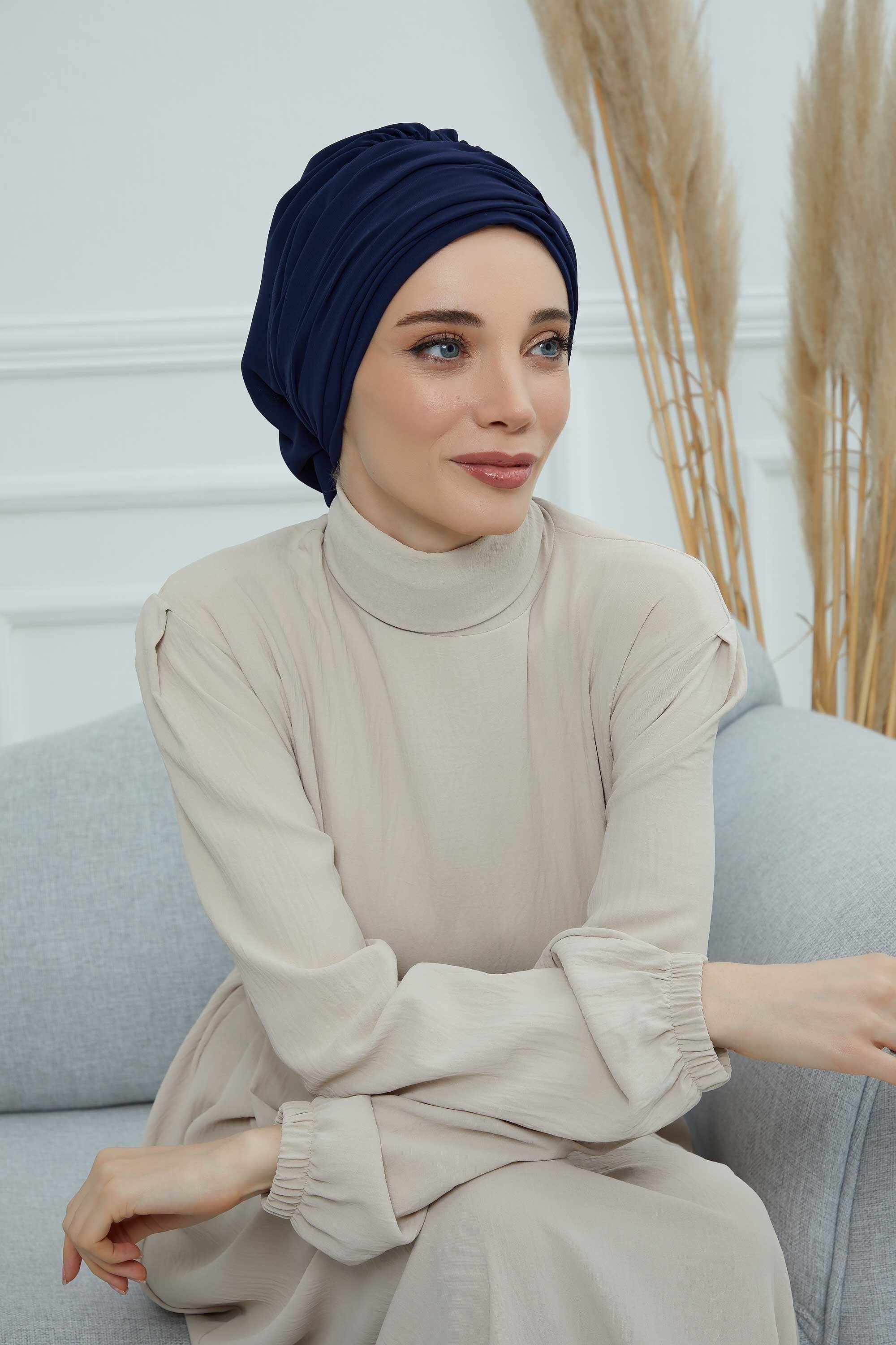 Pleated Chiffon Instant Turban for Women, Pre-Tied Elegant Hijab Cap, Lightweight Modest Headwrap for Daily & Formal Wear,HT-107 Navy Blue