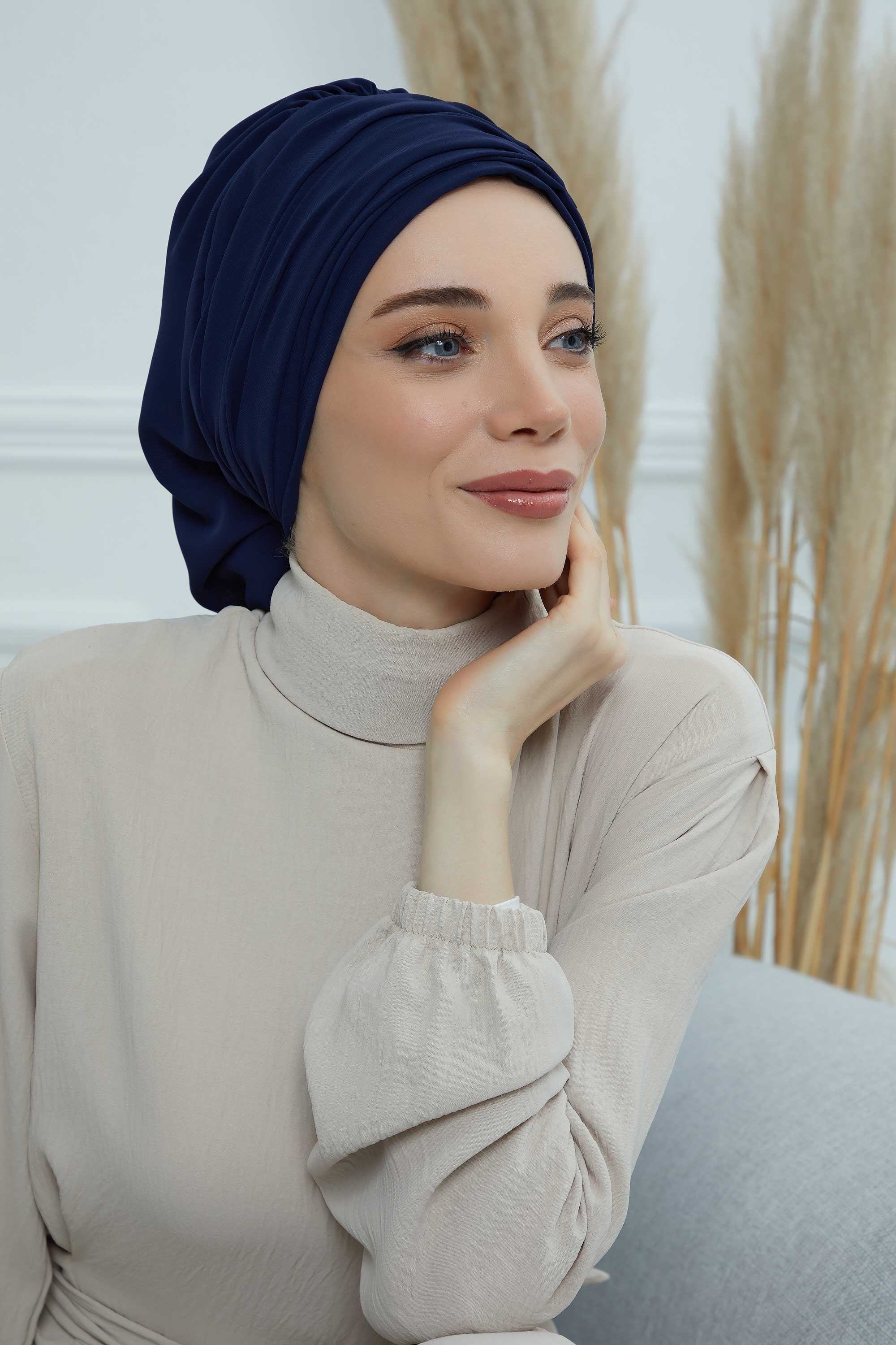 Pleated Chiffon Instant Turban for Women, Pre-Tied Elegant Hijab Cap, Lightweight Modest Headwrap for Daily & Formal Wear,HT-107 Navy Blue