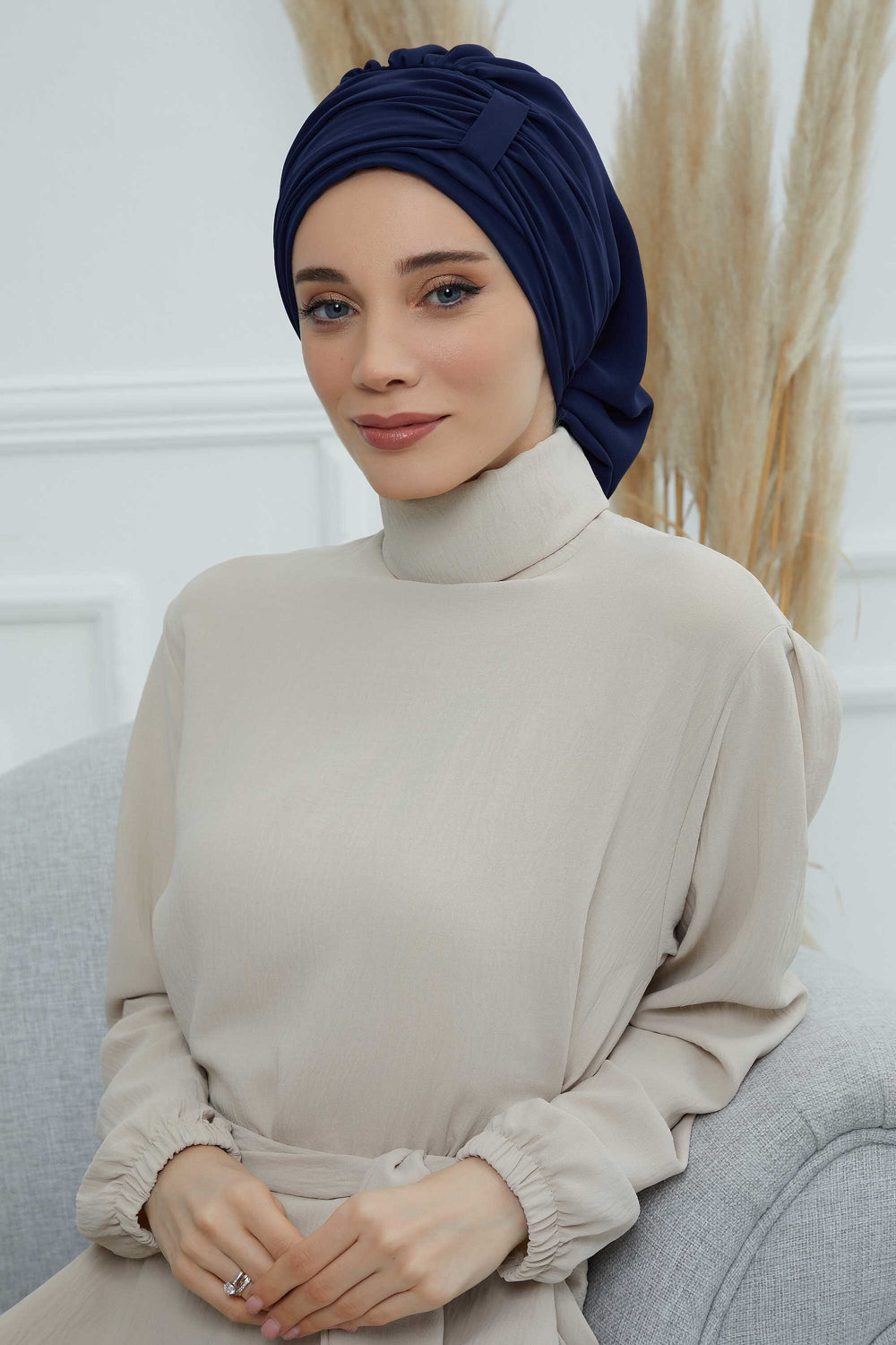 Pleated Chiffon Instant Turban for Women, Pre-Tied Elegant Hijab Cap, Lightweight Modest Headwrap for Daily & Formal Wear,HT-107 Navy Blue